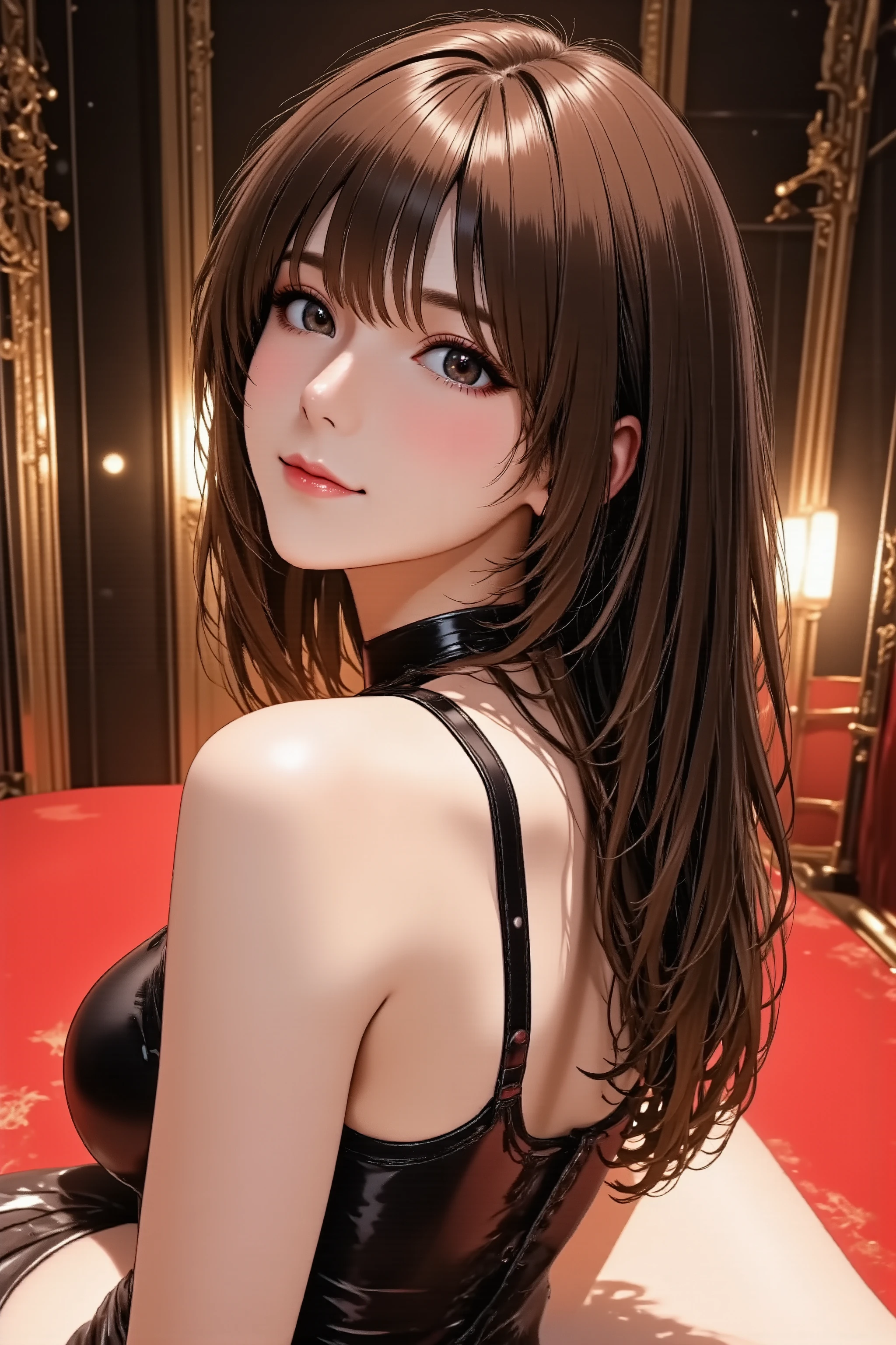 1girl, head back, arched back, long hair, silky straight hair, heavy makeup, red lips, parted lips, facing up, looking at viewer, light smile, from above, from side, slender body, slim waist, full body, glamorous cabaret girl