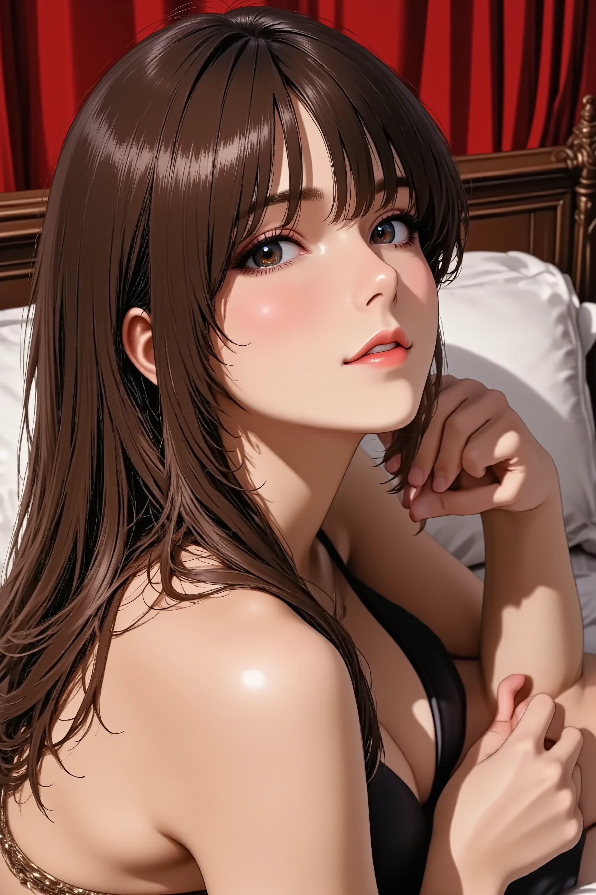 1girl, head back, arched back, long hair, silky straight hair, heavy makeup, red lips, parted lips, facing up, looking at viewer, light smile, from above, from side, slender body, slim waist, full body, glamorous cabaret girl