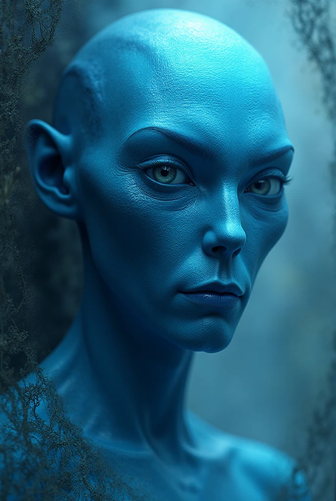 A photo of a blue alien with the inscription in the background - SeaArt AI