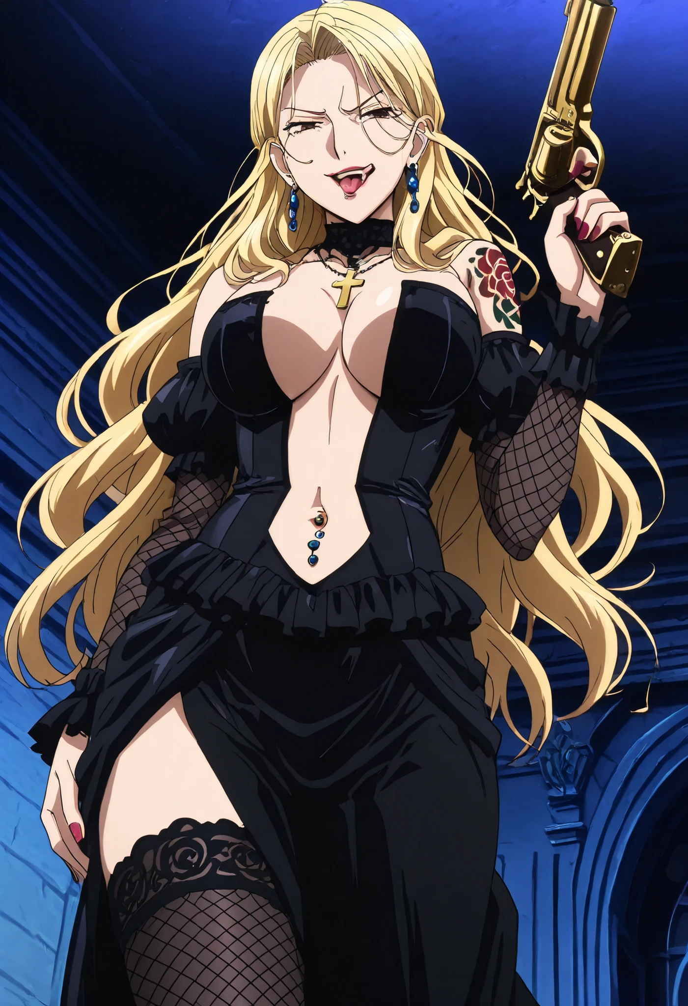 ((masterpiece)),(((best quality))),((ultra-detailed)),((illustration)),((disheveled hair)),((frills)),(1 girl),(solo), Lihtel \( Samayou Midara na Lunatics\),blonde hair,brown eyes,(anime coloring , anime screencap:1.2),(European Aristocrat Style:1.2),mature,sexy, dominatrix,Smirk,1girl, dark_fantasy_illustration, black choker, cross necklace, gothic, black dress, black thighhighs, lace thighhighs, lace-trimmed thighhighs, black lace thighhighs, black detached sleeves, black lace detached sleeves, lace sleeves, lace-trimmed detached sleeves, masterpiece, best quality, highly detailed, a girls in long dress with navel cutout posing for a picture, evil smile, smile, open mouth, (nsfw) not safe for work, revealing dress, beautiful dress center opening , long dress with bellybutton showing, official artwork, exposed navel, exposed bellybutton, jewelry, earrings, complex detailed background, casino environment, fancy interior environment, rich interior, holding a gun, holding pistol, side slit , navel cutout, exposed navel, exposed bellybutton, Evil Smile, Malicious Smile, lipstick, nail polish, ear piercing, long hair, , lipstick, Hot girl, baddie, smoking, sensual, attractive ,choker, ,cross necklace, , tongue out, tongue piercing, open mouth, choker ,jewelry, earrings, (nsfw) not safe for work, navel piercing, medium large breast , looking at viewer , dragon tattoo on waist , narrowed eyes , tattoo on waist , anipai_style , anime screencap , anime coloring , v-shape eyebrows ,