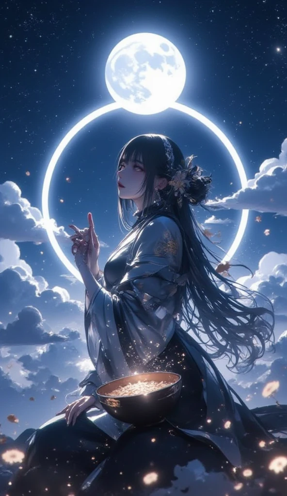 At night, Only moonlight illuminates, Distorted Moon, Distant Mountain々, Beautiful large lotus flower nearby, Big red lotus flower, Water flowing nearby, Frog, Summer full of joy, Distorted Moon in the sky mixed with stars, Awesome Wallpapers, Rainy night, Rainy night, Beautiful and beautiful, movie, High detail ((heavy rain))), 8K　Woman wearing Ao Dai