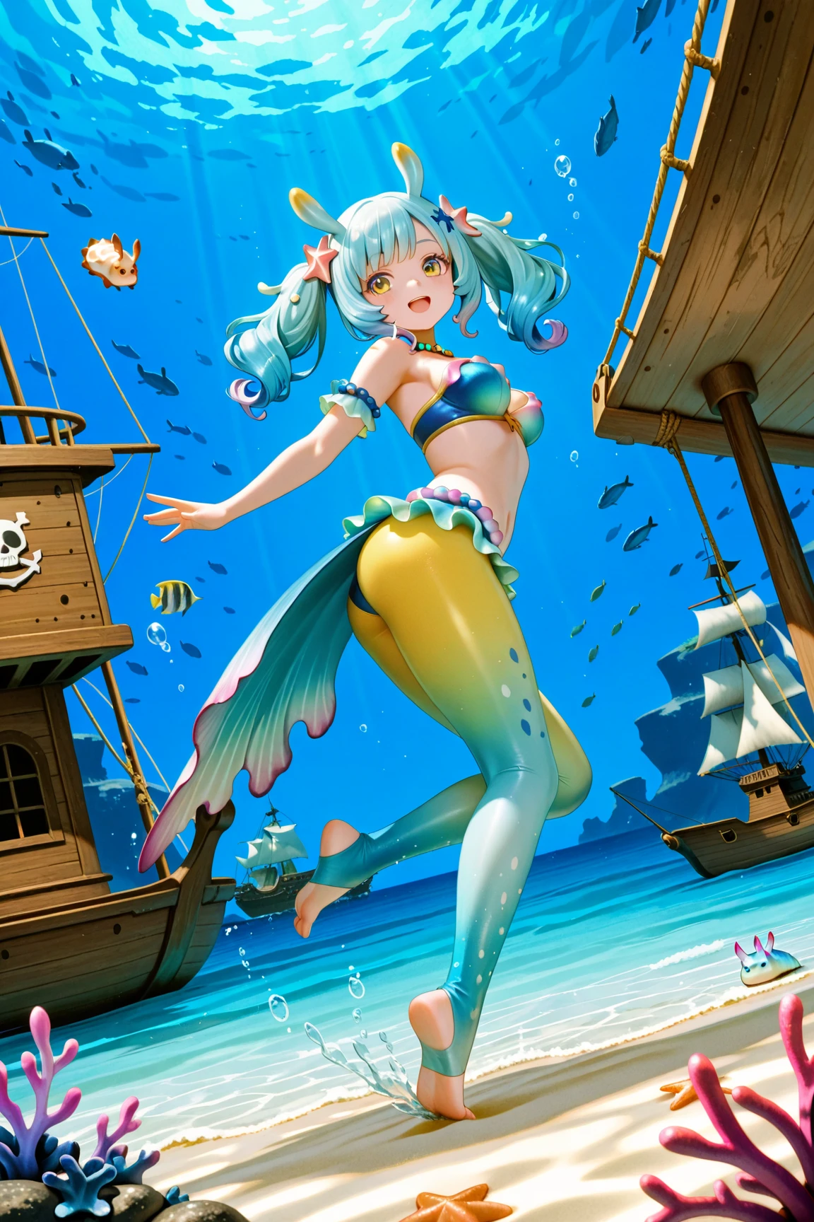 A  13-yr Australian girl is wearing transparent    frog head helmet  full body details figure, wearing transparent one piece  lifting up plump  , wavy pink short braided hairstyles from the flow water, ((having a tadpoles tail at her ))( goblin ears))(frog hand)) (accurate details of hands & fingers)) hard errect ,  squat position,exposed  line, exposed panties, exposed pussyline, smiling with teeth exposed. Sparkling green eyes, charms, face details & fucos skin texture colored yellow, swimming under the ocean showing corals, urchins, fish, turtle, whale, bubbles of air for accurate background masterpiece ((with full slime yellow frog skin textures all over her body)) (( has gills & tapole flipper)) swimming with ocean current waves under the sea