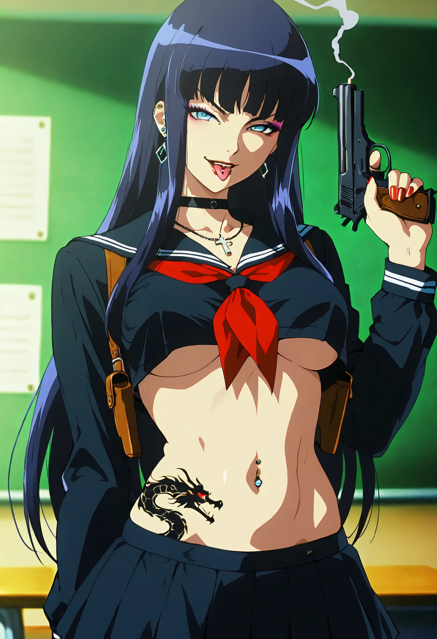 ,(1 girl),(solo), Hayama Reika \(Augmented Face\),Blue Eyes,dark haired,long hair at Boro-Yado,Queen,,1girl, Lashes, face, lips, makeup, Colorful Hair, parted lips, red lips, solo, straight hair, Evil Smile, Malicious Smile, lipstick, nail polish, ear piercing, long hair, , lipstick, Hot girl, baddie, smoking, sensual, attractive ,choker, ,cross necklace, , tongue out, tongue piercing, open mouth, choker ,jewelry, earrings, masterpiece, best quality, highly detailed, a girls in sailor uniforms with a gun posing for a picture, evil smile, smile, open mouth,black_serafuku, (nsfw) not safe for work, ecchi style, high school girls, holding a gun, hold a gun, micro skirt, exposed belly, exposed navel, exposed midriff, holding pistol,underboob, exposed lower belly,school, classroom, navel piercing , shoulder holster, , medium breast , looking at viewer , dragon tattoo on waist , narrowed eyes , tattoo on waist , anipai_style , anime screencap , anime coloring , v-shape eyebrows ,