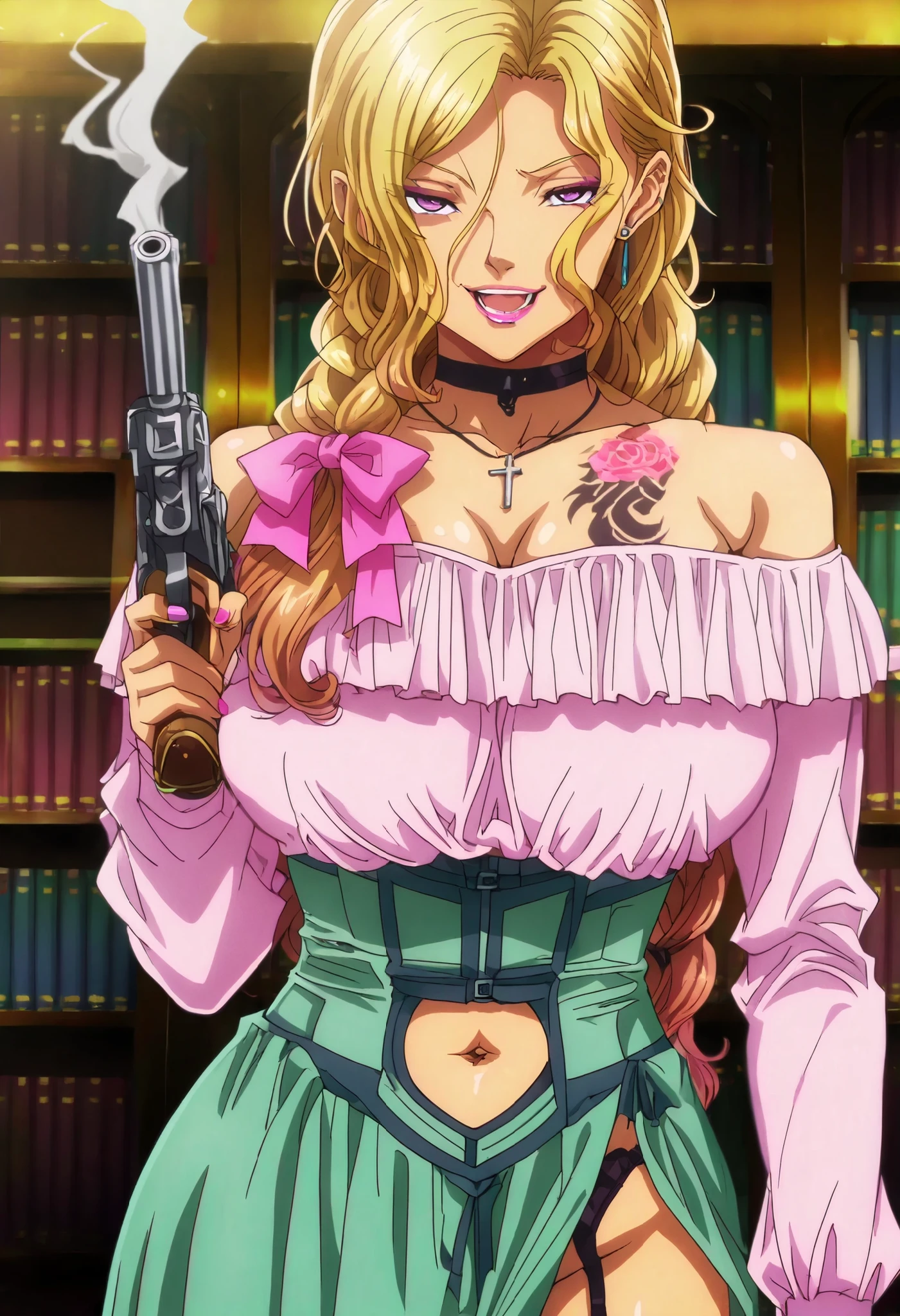 ((masterpiece)),(((best quality))),((ultra-detailed)),((illustration)),((disheveled hair)),((frills)),(1 girl),(solo), Rui \( Okusama no Kaifuku Jutsu\), blonde hair, long hair, purple eyes, lips, lipstick, makeup,mature,sexy, (anime coloring, anime screencap:1.2), 1girl,  shoulders, book, bookshelf, bow, braid, , choker, hair bow, indoors, , library, long sleeves, off shoulder, ribbon,green skirt, solo, masterpiece, best quality, highly detailed, a girls in long dress with navel cutout posing for a picture, evil smile, smile, open mouth, () , revealing dress, beautiful dress center opening , long dress with bellybutton showing, official artwork, exposed navel, exposed bellybutton, jewelry, earrings, complex detailed background, casino environment, fancy interior environment, rich interior, holding a gun, holding pistol, side slit , navel cutout, exposed navel, exposed bellybutton, Evil Smile, Malicious Smile, lipstick, nail polish, ear piercing, long hair, , lipstick, Hot girl, baddie, smoking, sensual, attractive ,choker, ,cross necklace, open mouth, choker ,jewelry, earrings, () , navel  medium large  , looking at viewer , dragon tattoo on waist , narrowed eyes , tattoo on waist , anipai_style , anime screencap , anime coloring , v-shape eyebrows , 