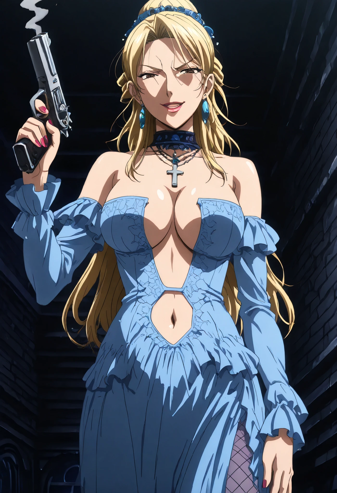 ((masterpiece)),(((best quality))),((ultra-detailed)),((illustration)),((disheveled hair)),((frills)),(1 girl),(solo),
Lihtel \( Samayou Midara na Lunatics\),blonde hair,brown eyes,(anime coloring , anime screencap:1.2),),mature,sexy,
dominatrix,1girl,bare shoulders,breasts,cleavage,dark,detached sleeves,dress,elbow gloves,fishnets,gloves,hair bun,hair ornament,hakama,hakama skirt,jewelry,lipstick,looking at viewer,makeup,medium breasts,solo,standing,blue dress,long dress, masterpiece, best quality, highly detailed, a girls in long dress with navel cutout posing for a picture, evil
smile, smile, open mouth, () , revealing dress, beautiful dress center opening ,
long dress with bellybutton showing, official artwork, exposed navel, exposed bellybutton, jewelry,
earrings, complex detailed background, casino environment, fancy
interior environment, rich interior, holding a gun, holding pistol, side slit ,
navel cutout, exposed navel, exposed bellybutton, Evil Smile, Malicious Smile, lipstick, nail polish, ear piercing, long hair, , lipstick, Hot girl, baddie, smoking, sensual, attractive ,choker, ,cross necklace, , open mouth, choker ,jewelry, earrings, () , navel , medium large  , looking at viewer , dragon tattoo on waist , narrowed eyes , tattoo on waist , anipai_style , anime screencap , anime coloring , v-shape eyebrows , 