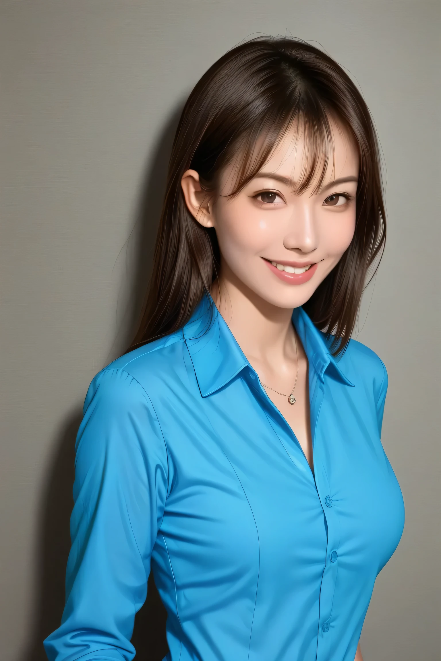 score_9, score_8_up, score_7_up, masterpiece, Highest Quality, 1 Japanese adult female, 40 options , cowboy shot, beautiful faces, Confident Posture,
blue silk blouse 、Tight Black Miniskirt, Refined silhouette,
Intelligent smile, full lips, 黒い髪, beautiful skin,
minimalistic gallery backgrounds, soft and dramatic lighting, direct line of sight, and sensual & Intelligent