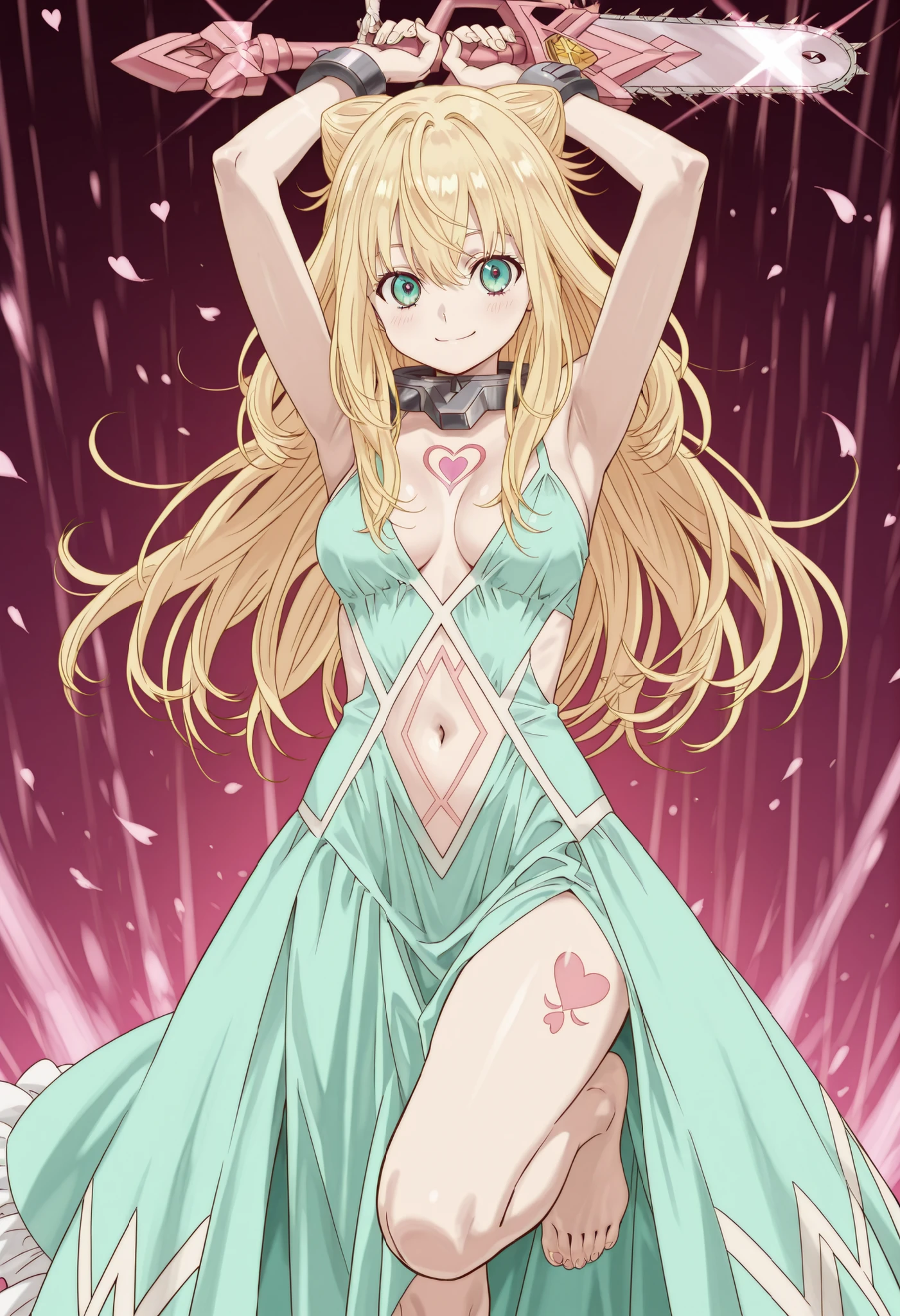 (((SFW、Highest quality、First Class Masterpiece、normal body 、32k、detailed face、super precise、normal hand、Highest)))、Yuri Kawazu/Kawazu Yuri、『Momentary Lily』、Beautiful girl、Blonde、long hair、Blue-green eyes 、Beautiful Breasts、Slim、Slender、Dress that fell apart、 Navel Exposure 、pink heart tattoo on the abdomen、Iron Collar、Great Sword Andovari『Tilfang』、Chainsaw Giant Sword、Smile、raise one leg above your head