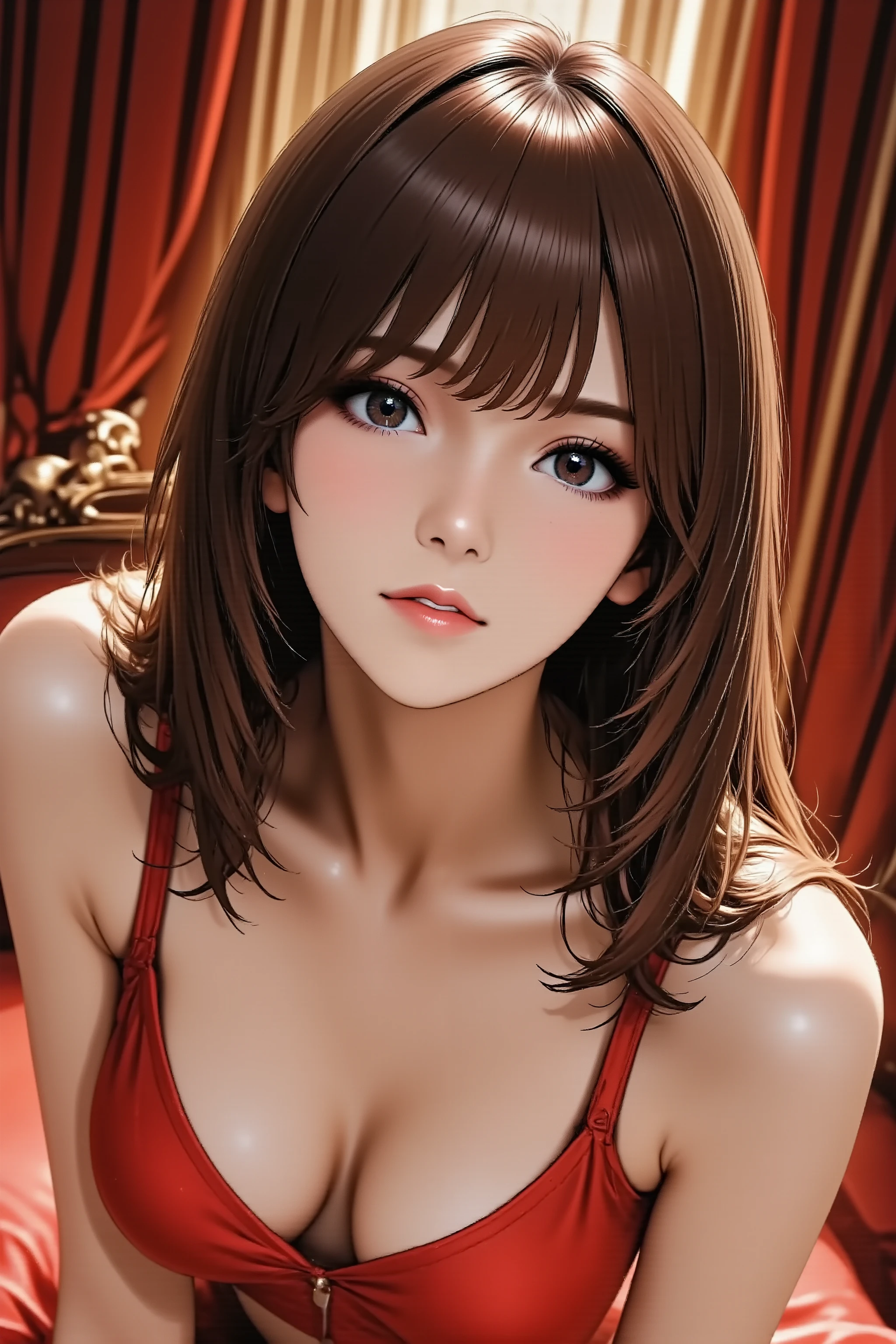 1girl, head back, arched back, long hair, silky straight hair, heavy makeup, red lips, parted lips, facing up, looking at viewer, light smile, from above, from side, slender body, slim waist, full body, glamorous cabaret girl