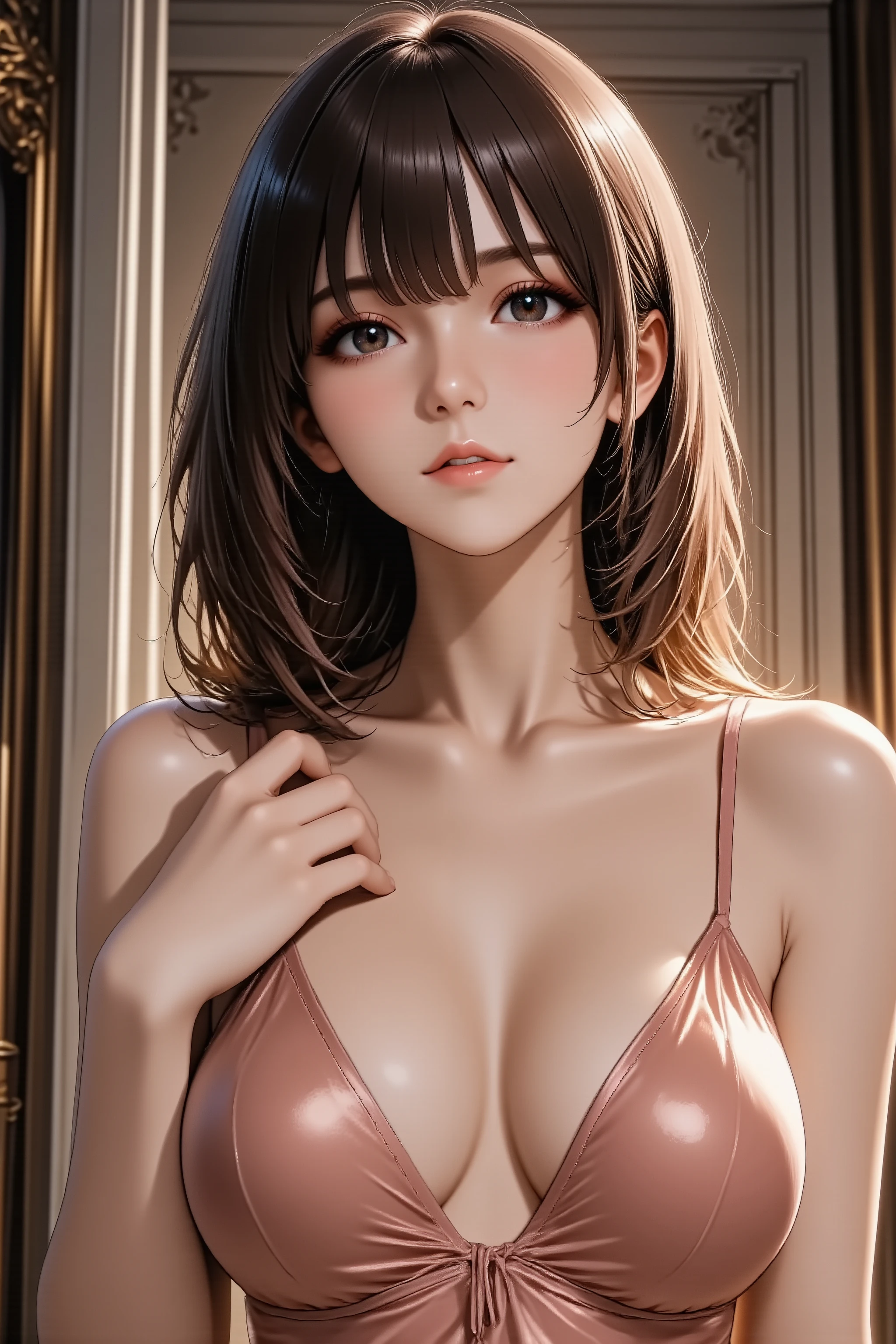 (masterpiece, best quality, ultra-detailed), photorealistic, stunningly beautiful woman, **sultry gaze locked on viewer**, **one shoulder exposed, delicate hand touching her neck**, **slightly parted lips**, **slinky silk slip dress**, soft glow, deep shadows, intimate setting, bedroom lighting
