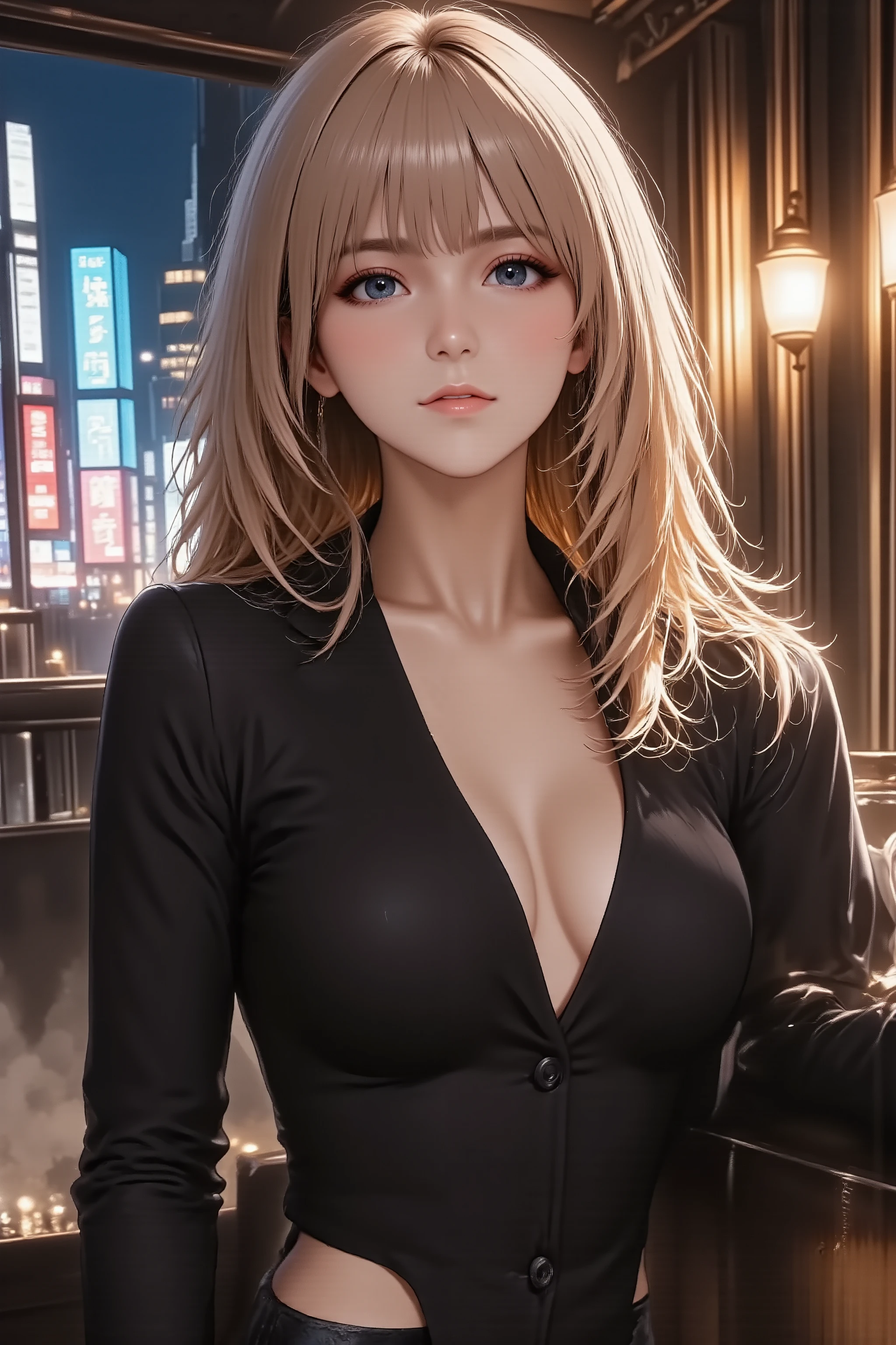 (masterpiece, best quality, ultra-detailed), cinematic still, **tall woman in a fitted black suit jacket, no blouse underneath**, **unbuttoned to reveal cleavage**, **leaning against a bar counter, strong confident posture**, **direct eye contact, sharp jawline**, neon city lights in background, smoky atmosphere, stylish bar interior