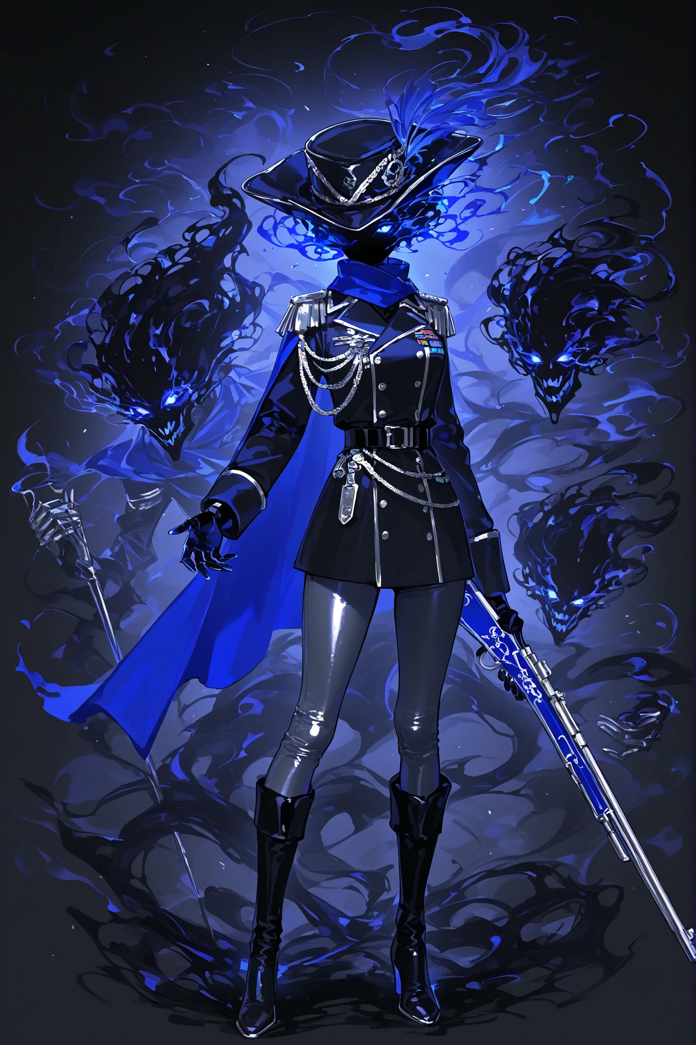 (xxx667_illu,holding rifle,blue cape, blue scarf, unusual head, black mist head, glowing eyes, black skin,) The lady military shooter. She has green glowing eyes. She has short black-brown hair with a wolfcut.  She is wearing a silver-gray military : with a long-sleeved blue bolero with  orders and medals with a sapphire heart, silver epaulettes with wings,black aiguillette. She wearing a black opera-gloves with silver palms. She wears grey-blue leggings with a low waist, black belt, and black hip-high leather boots with silver lapels. On her head she wears a vintage military blue tricorn (cocked hat) hat with a black and silver feather. She is armed with a vintage silicon rifle with blue and silver inserts. (In the background: dark night,the black ashes left over from the dead forest.)