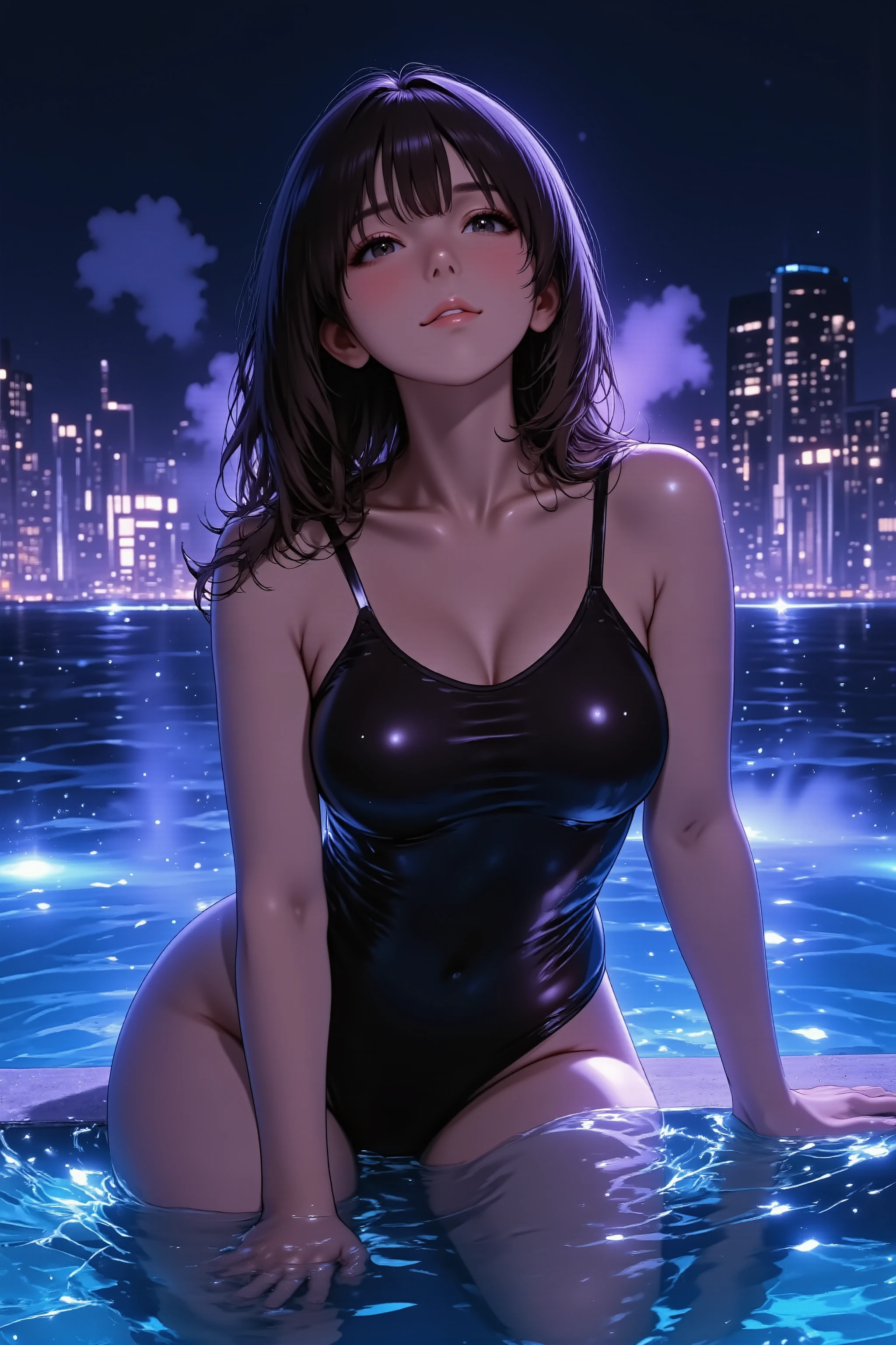 (masterpiece, best quality, ultra-detailed), photorealistic, **sultry woman with wet skin**, **standing at the edge of a shimmering pool at night**, **water reflecting blue and purple lights on her body**, **wearing a black one-piece swimsuit, strategically wet**, **head tilted back slightly, eyes half-closed, a soft smile**, **one hand gently touching the water surface**, steam rising faintly from the warm water, blurred city lights in background, dramatic low-key lighting