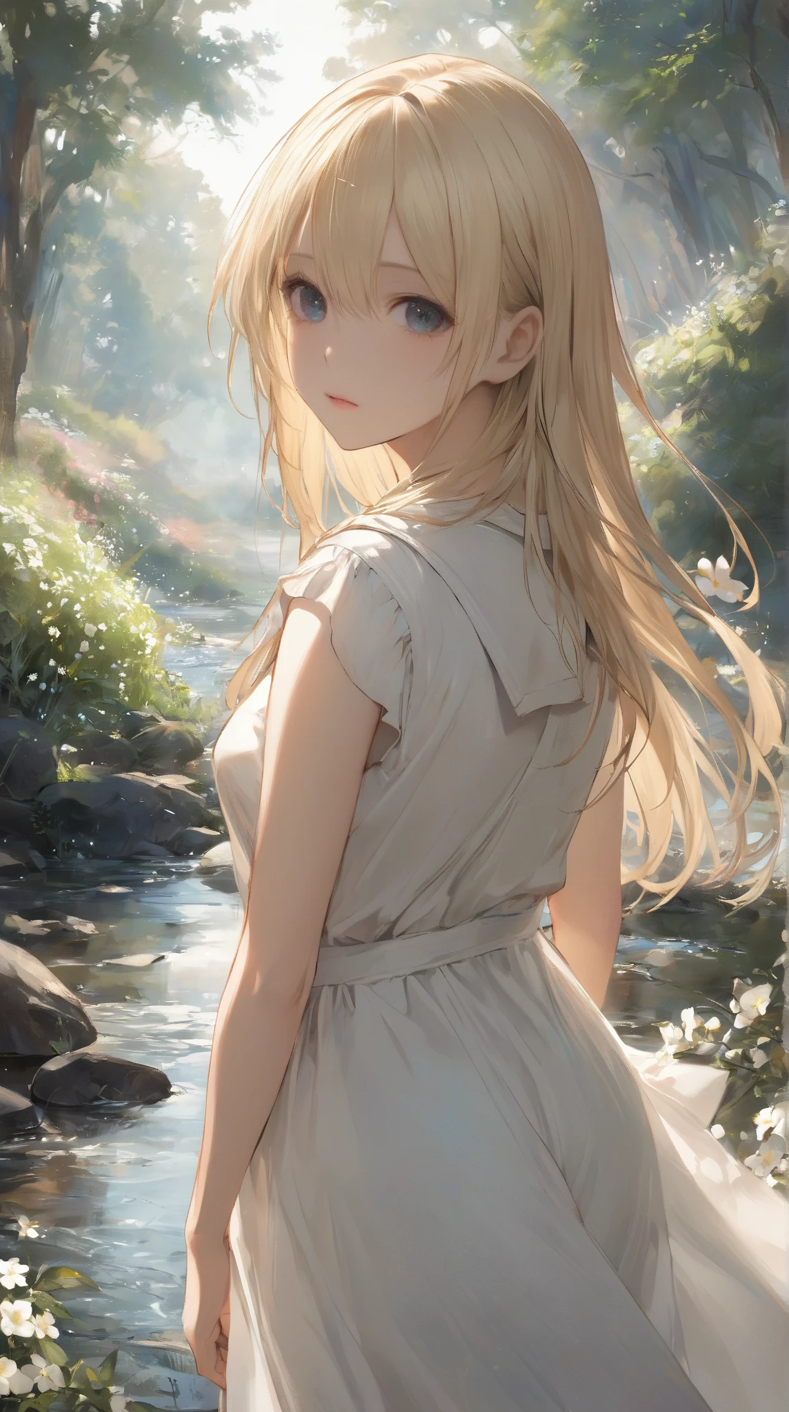 teenage princess with beautiful blonde hair and blue eyes playing near a tree with a light mist and near a river with a bright mist --auto