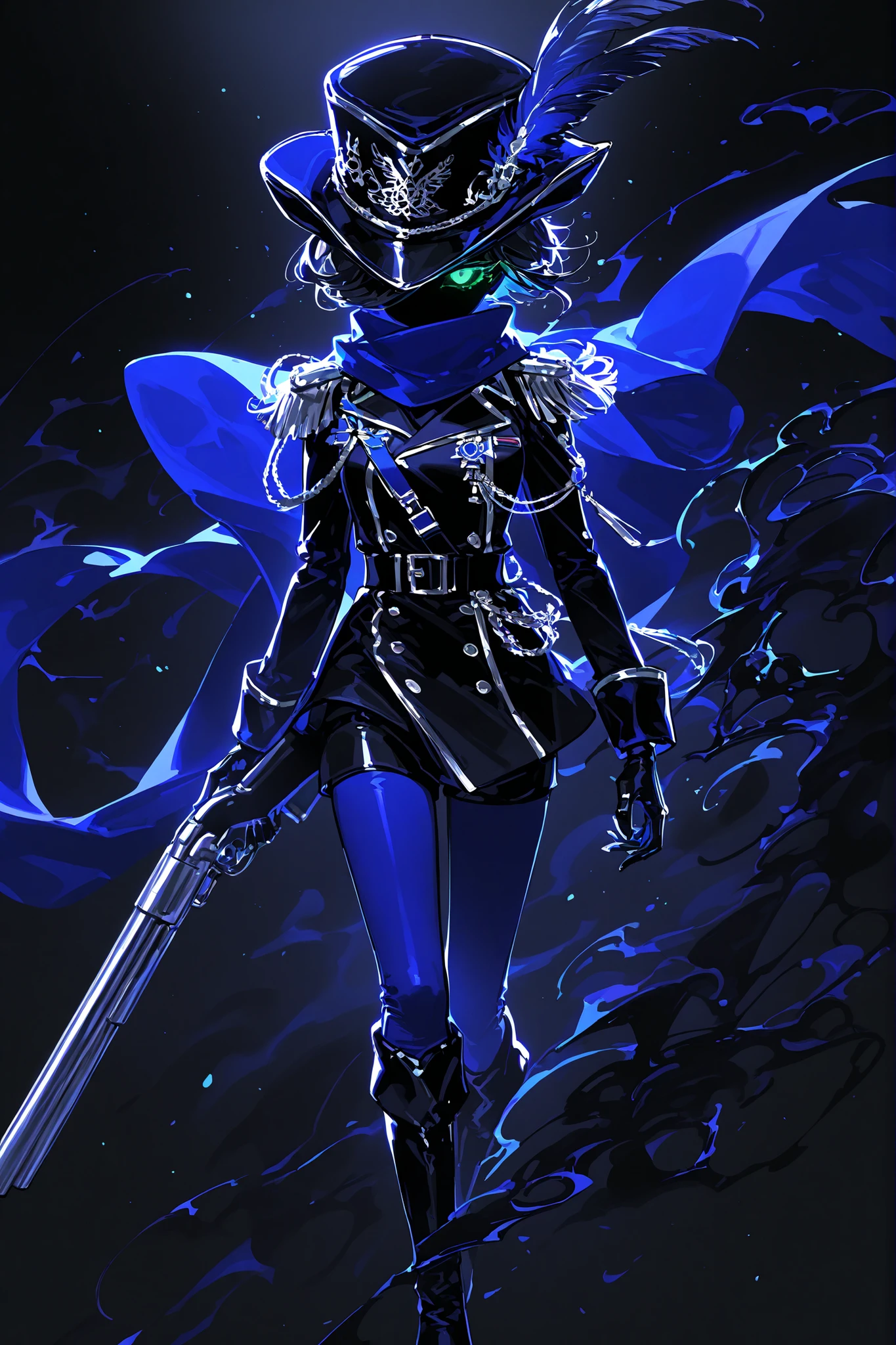 The lady military shooter. She has black skin and black mist creepy face. She has green glowing eyes. She has short black-brown hair with a wolfcut.  She is wearing a silver-gray military : with a long-sleeved blue bolero with  orders and medals with a sapphire heart, silver epaulettes with wings,black aiguillette. She wearing a black opera-gloves with silver palms. She wearing blue cape, blue scarf. She wearing grey-blue leggings with a low waist, black belt, and black hip-high leather boots with silver lapels. On her head she wears a vintage military blue tricorn (cocked hat) hat with a black and silver feather. She is armed with a vintage Remington Double Barrel Shotgun with blue and silver inserts. (In the background: dark night,the black ashes left over from the dead forest.)