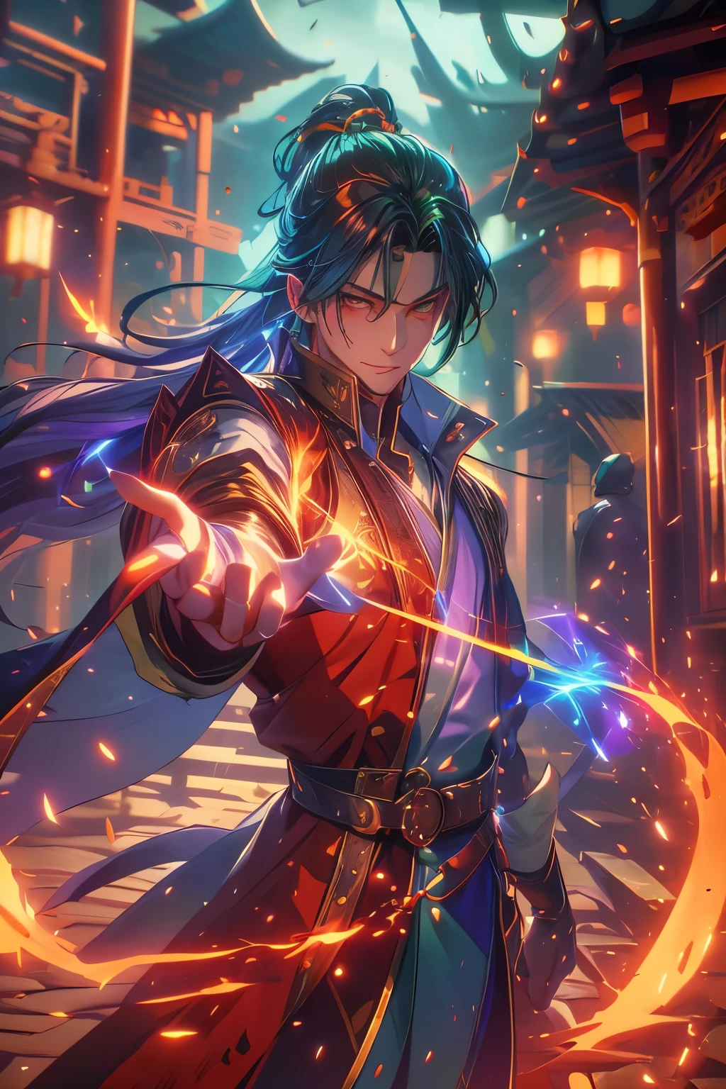 Gavin Guile ((long hair, roguish smile, short goatee, 30 years old)) is a muscular man with broad shoulders, yet still slender and in excellent physical condition. His hair is the color of burnished copper, medium, a striking reddish-brown hue, tied in a loose ponytail. He has lighter skin, suggesting a mixed heritage from two of the regions: the olive-skinned Ruthgari and the deathly pale Blood Foresters. His natural eye color is a shocking blue, but overlaying the blue are the multi-colored rings in his irises—the visible sign of his incredible drafting (((magical))) power. As the Prism, the colors of the light spectrum (red, orange, yellow, green, blue, and sometimes even violet and sub-red) appear in his eyes, showing his ability to draft all colors of light into physical "luxin." As the High Priest and Emperor of the Chromeria, he is almost certainly seen in richly colored, rolled-up sleeves, authoritative and loose hoodless robes or high-quality military attire befitting the most powerful man in the world. Set in a pre-industrial fantasy world, although it is more technologically advanced than a typical medieval setting, featuring things like gunpowder weapons. Conjuring magic of different colors (Sub-red, red, orange, yellow, green, blue, ultraviolet) in his hands