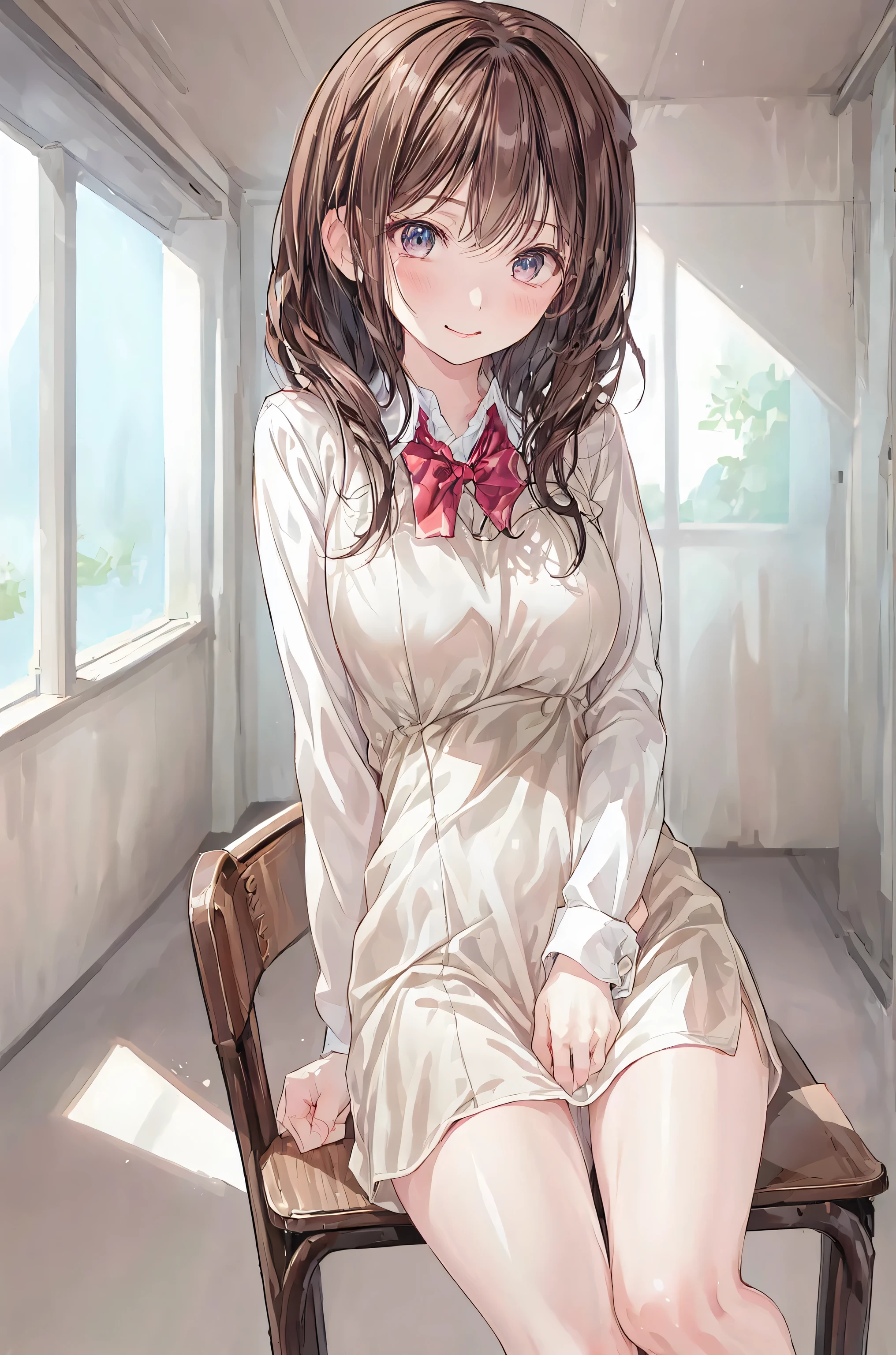 in a high school classroom,Female Teacher with Strict Abstinence,Female Teacher Standing in Front of a Pulpit,the student's back is an adult,Beautiful Legs Glancing at Students,black stockings,selfish body,Cold look,Testing Students' Abstinence,brown hair,shortcut,unkempt hair,Short braided hair,Neat,slender beauty,correct posture,small breasted,Beautiful legs,their enchanting gray-blue eyes shine like stars,Saggy Eyes,Brilliant Colors,beautiful eyes,A delicate smile,Textured Skin,best quality,gentle and beautiful woman,anime style、Mysterious Atmosphere,4K High Resolution,Realistic,portrait,Dark color , bright red ,Eyes That Seem to Be Sucked In,Picturesque,Immersive luster,Photo Real,professional quality