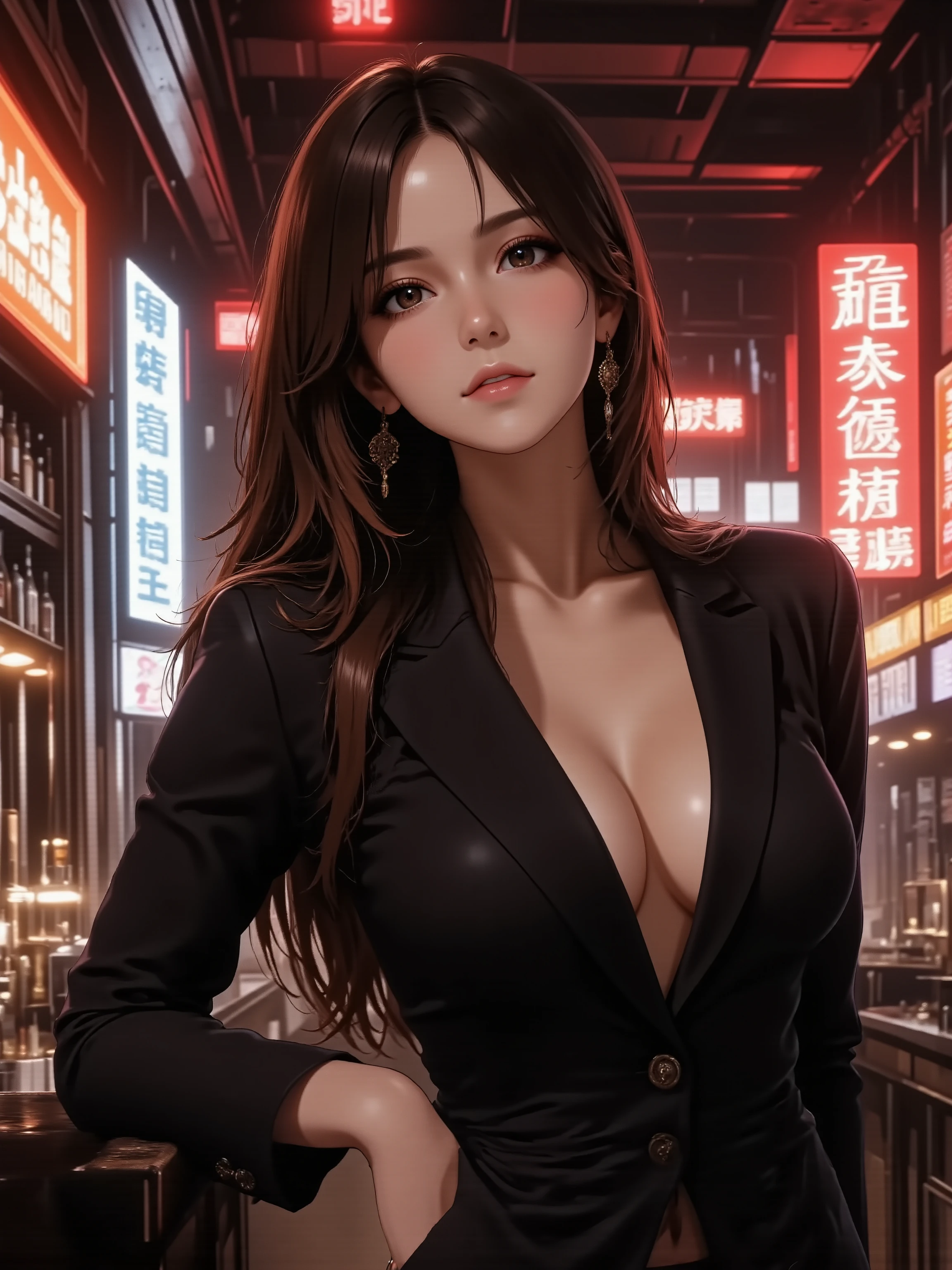 (masterpiece, best quality, ultra-detailed), cinematic still, **tall woman in a fitted black suit jacket, no blouse underneath**, **unbuttoned to reveal cleavage**, **leaning against a bar counter, strong confident posture**, **direct eye contact, sharp jawline**, neon city lights in background, smoky atmosphere, stylish bar interior