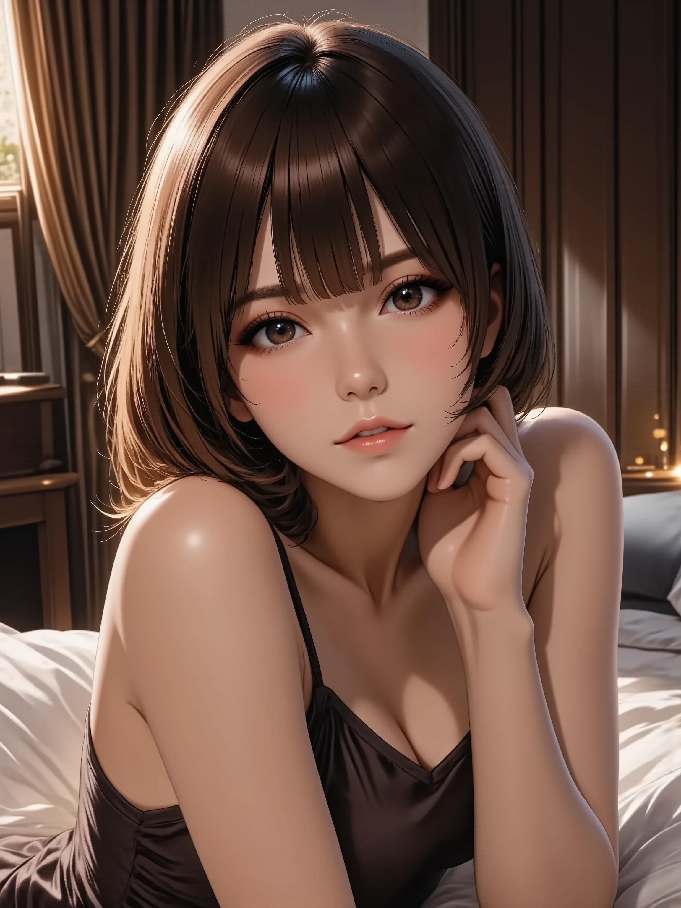 (masterpiece, best quality, ultra-detailed), photorealistic, stunningly beautiful woman, **sultry gaze locked on viewer**, **one shoulder exposed, delicate hand touching her neck**, **slightly parted lips**, **slinky silk slip dress**, soft glow, deep shadows, intimate setting, bedroom lighting