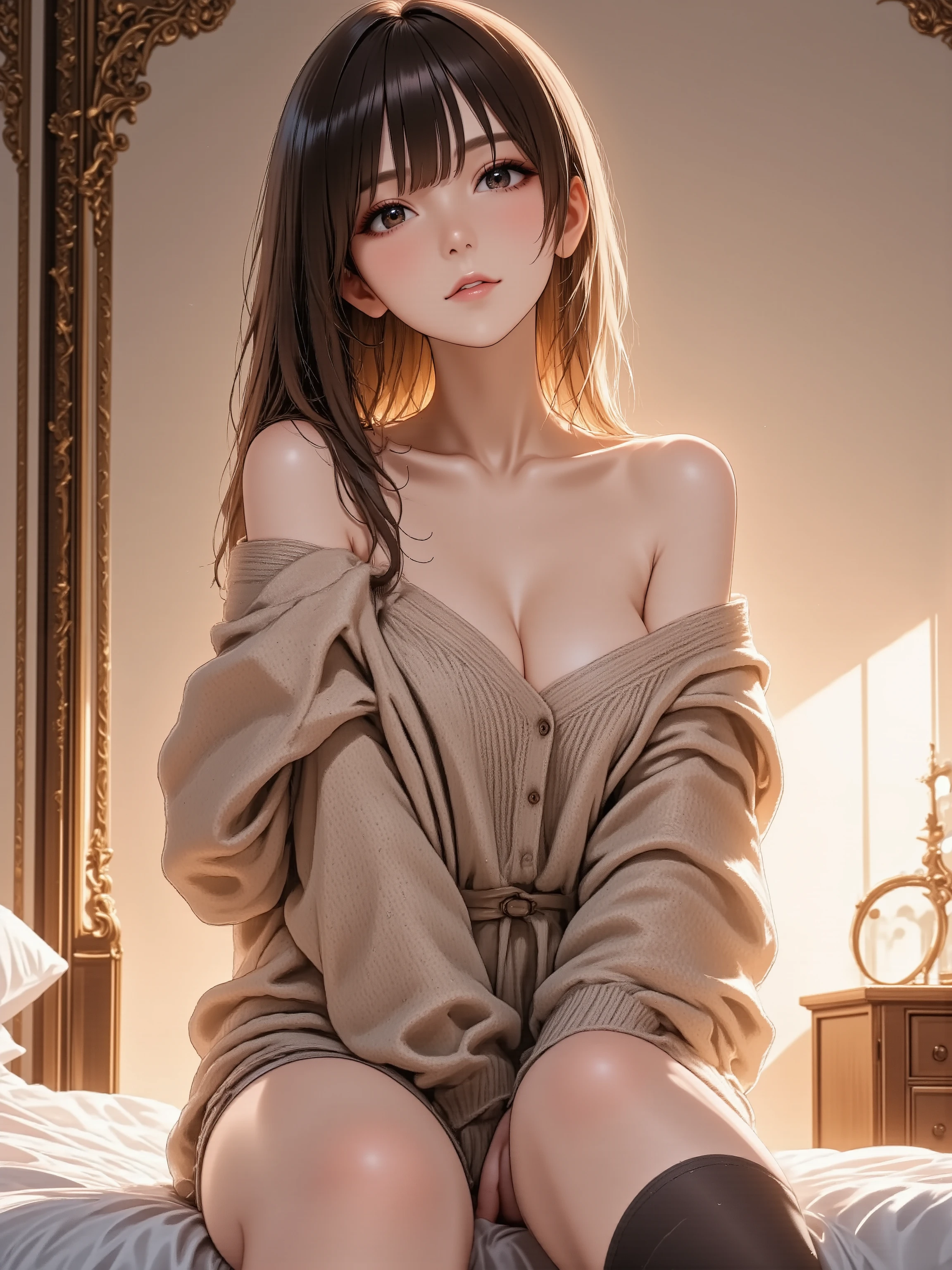 (masterpiece, best quality, highly detailed illustration), anime style, beautiful slender woman, **cute yet sexy expression, slight blush**, **short skirt and oversized sweater, pulling down the shoulder of the sweater**, **thigh-high socks**, **sitting on a bed, looking innocently at viewer**, warm soft lighting, intricate background, bokeh