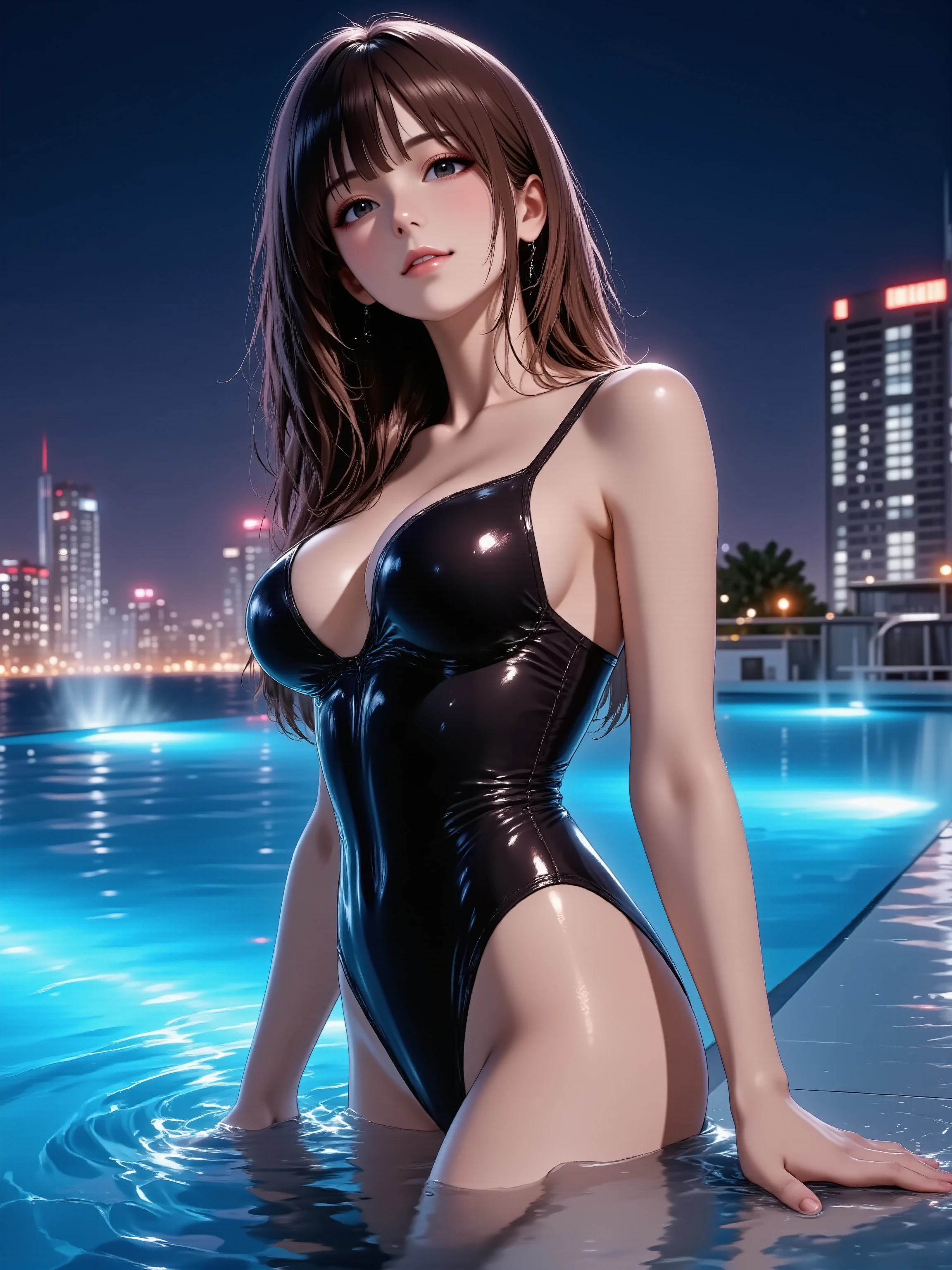 (masterpiece, best quality, ultra-detailed), photorealistic, **sultry woman with wet skin**, **standing at the edge of a shimmering pool at night**, **water reflecting blue and purple lights on her body**, **wearing a black one-piece swimsuit, strategically wet**, **head tilted back slightly, eyes half-closed, a soft smile**, **one hand gently touching the water surface**, steam rising faintly from the warm water, blurred city lights in background, dramatic low-key lighting