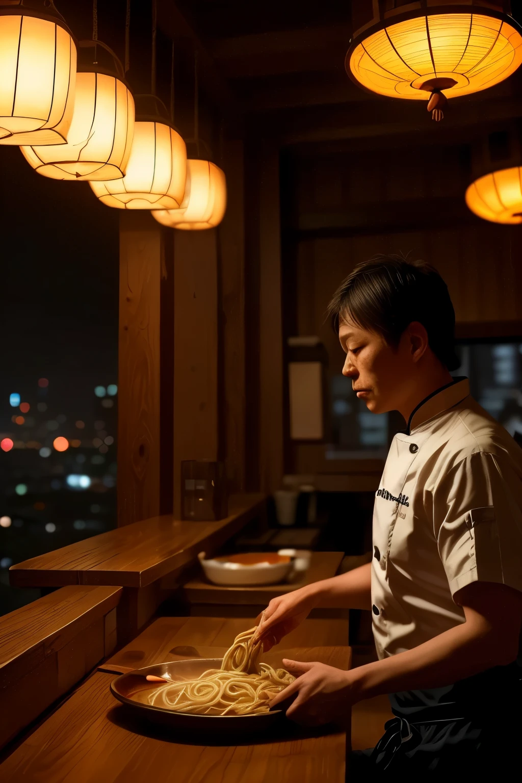 Late-night ramen shop, detailed interior scene, cozy atmosphere, warm lighting, steam rising from bowls, chef preparing noodles, customers sitting at bar, wooden countertops,japanese lanterns,red curtains,hanging scrolls,cityscape outside window,4K,masterpiece,photorealistic,ultra-detailed,vibrant colors,bokeh,japanese style,moody lighting