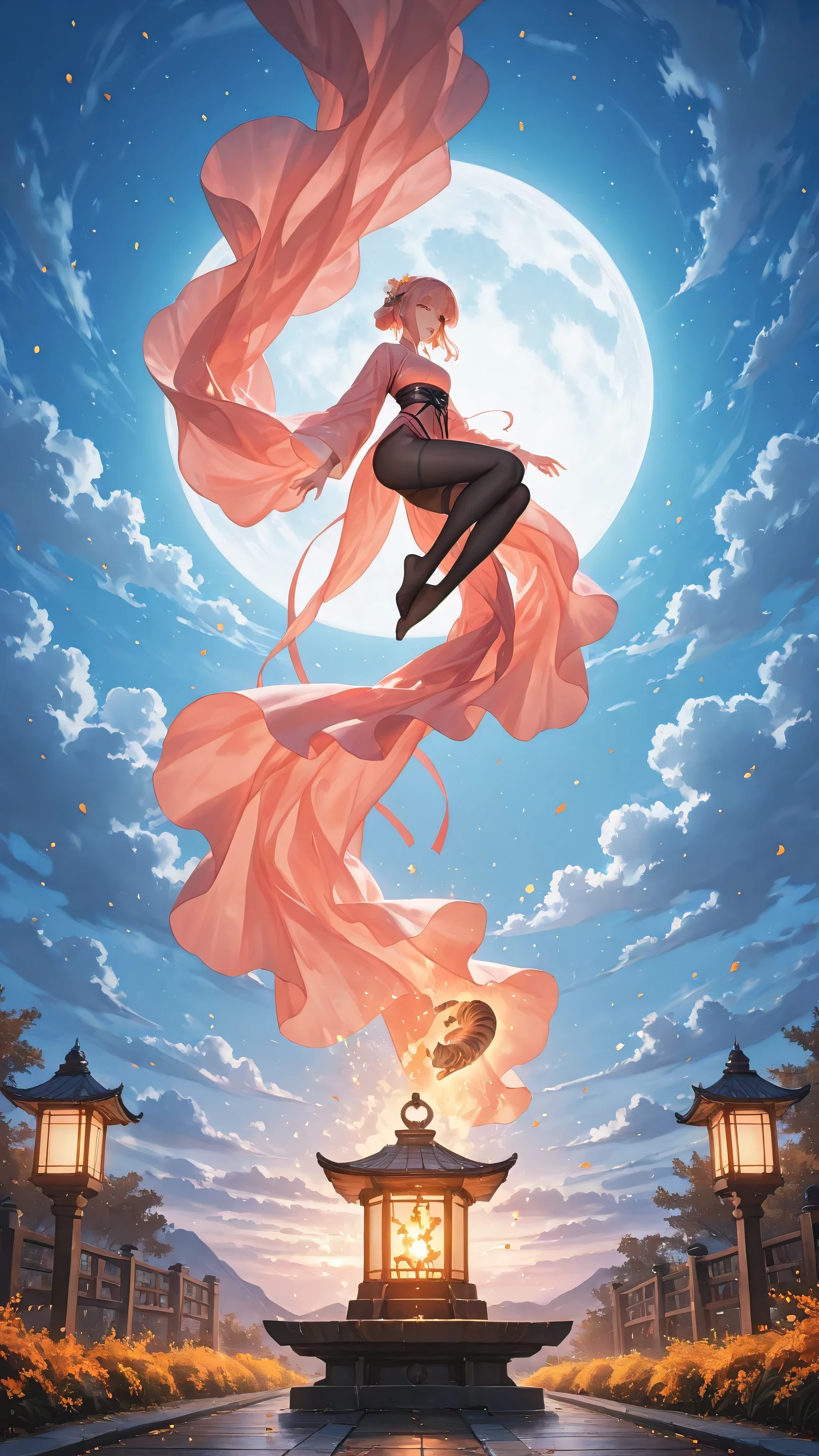 (masterpiece, ultra-detailed, cinematic lighting, 9:16 vertical composition),
A tranquil Mid-Autumn Festival night with a glowing full moon,
Chang’e floating gracefully in mid-air before the moon, full-body visible, elegant flying pose,
her long pink hanfu and silk ribbons fluttering softly, feet illuminated by moonlight, not sitting, black pantyhose
beside her, the Jade Rabbit pounding medicine on a jade pedestal surrounded by osmanthus petals,
below the scene, a curled-up tabby cat with a white and paws, brown-black striped back,
round face, calm bright eyes, small pink nose, short glossy fur with a soft sheen,
sleeping peacefully on a wooden terrace under warm lantern light, surrounded by falling petals,
background: misty night sky, glowing clouds, hanging lanterns, gentle breeze,
style: cinematic anime illustration, soft diffusion glow, warm orange and cool blue lighting balance, elegant and serene mood.