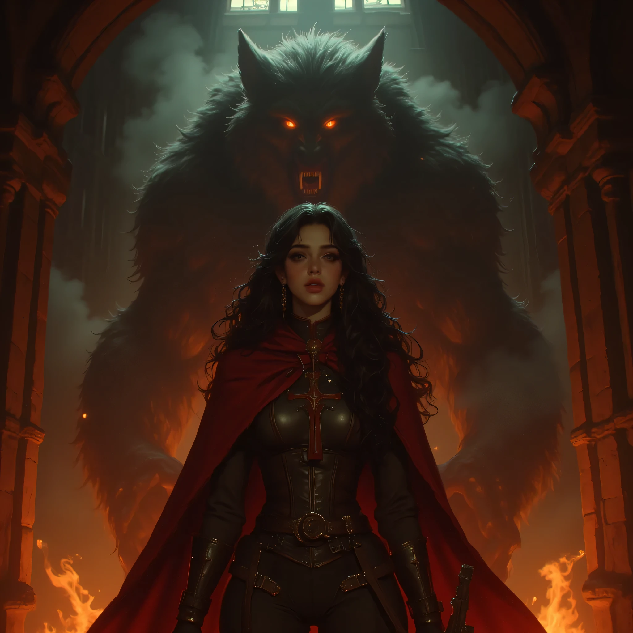 Anna Valerius, beautiful and fearless vampire huntress, stands in a burning gothic castle hall, smoke and embers swirling around her, a massive werewolf emerging behind in shadow. Same face as previous prompt 5, long dark curls, flawless skin, crimson cape, leather corset armor, holding crossbow low. Firelight glow on her perfect face, sharp green eyes with detailed iris and pupil, natural reflections and symmetry. Cinematic fantasy realism, gothic architecture, ultra-detailed lighting, dramatic tension, mid-shot, 8k ultra HD.