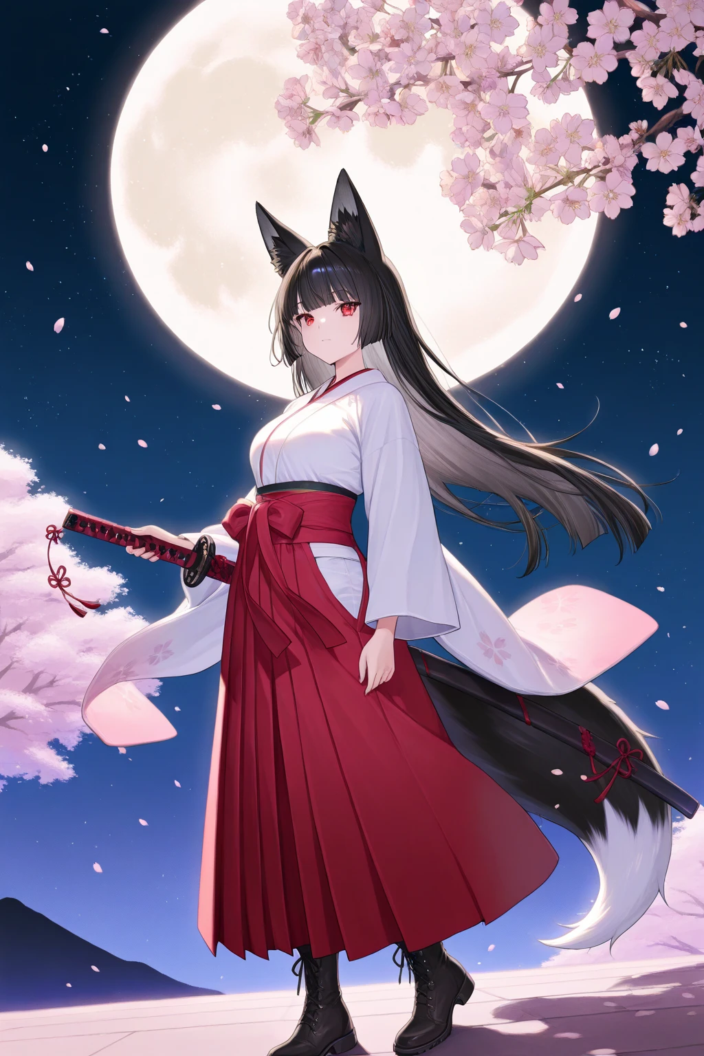 a fox girl, black long hair, visible tail, wearing a shrine maiden uniform, bright shining moon, incredible night sky, sakura trees, in the background, wind magic, looking at viewer, beautiful eyes, yellow and red heterochromia, retina, textured skin, relief, ultra-detailed, 4K, highres, masterpiece, best quality, best shadow
