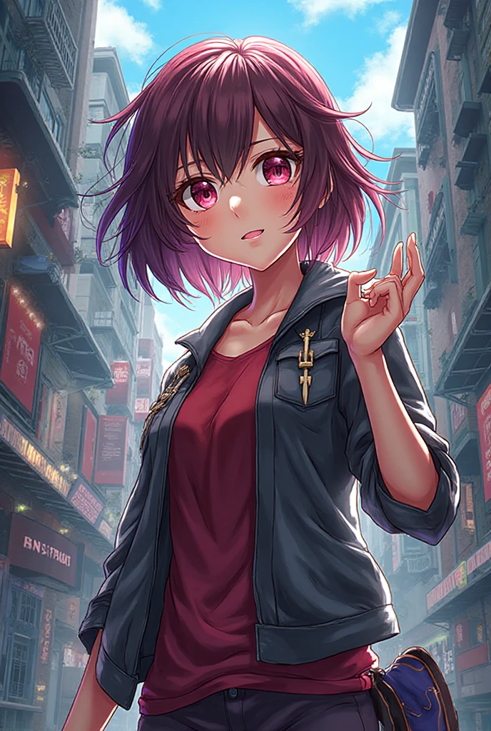 street dancer,  short hair, brown hair, yellow glowing eyes, perfect lips,big smile , confident smile,cute expression, cute face,victory pose, dinamic pose, fingerless gloves, gun, tank top, jacket, cute pose, ultra detailed face, long eyelashes, sharp eyes , Fullbody shot, dinamic viewer, night sky , dinamic point of view, 