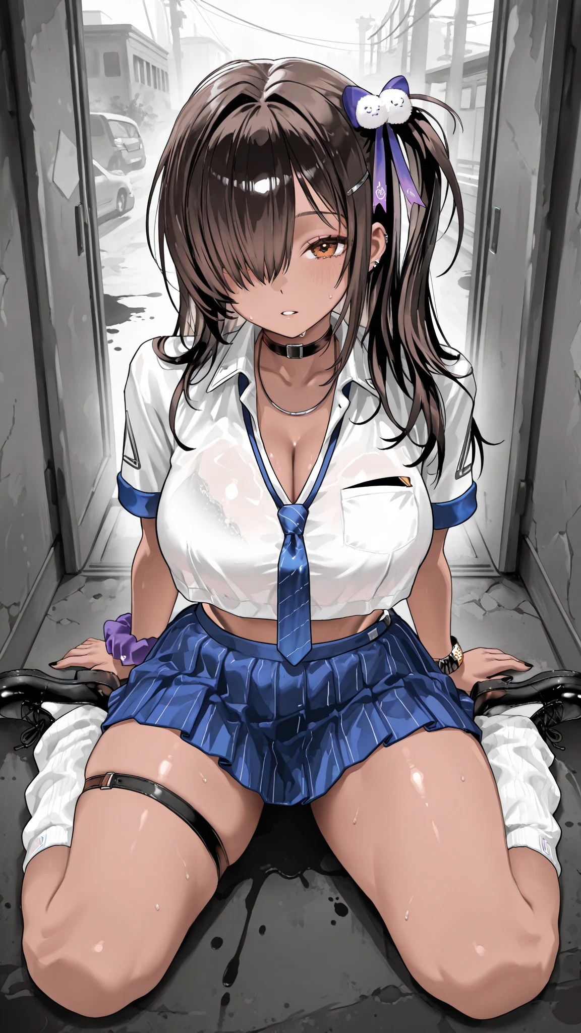 choker, collared shirt, short sleeves, blue necktie, crop top, highleg panties, blue skirt, pleated skirt, white socks, loose socks, black shoes, single thigh strap, black nail, single wrist scrunchie, bracelet,naga_nikke, dark skin, brown eyes, hair over one eye, brown hair, long hair, side ponytail, hairclip, hair ornament, purple ribbon, ear piercing,monochromemuse, monochrome, greyscale, ink splatter,masterpiece, best quality, detailed, highly detailed, ultra detailed, extremely detailed CG, high resolution, 8K, unreal engine, unity 8k wallpaper,super detailed skin, detailed beautiful eyes, detailed beautiful face, highly detailed background, elaborately designed clothes,close up face