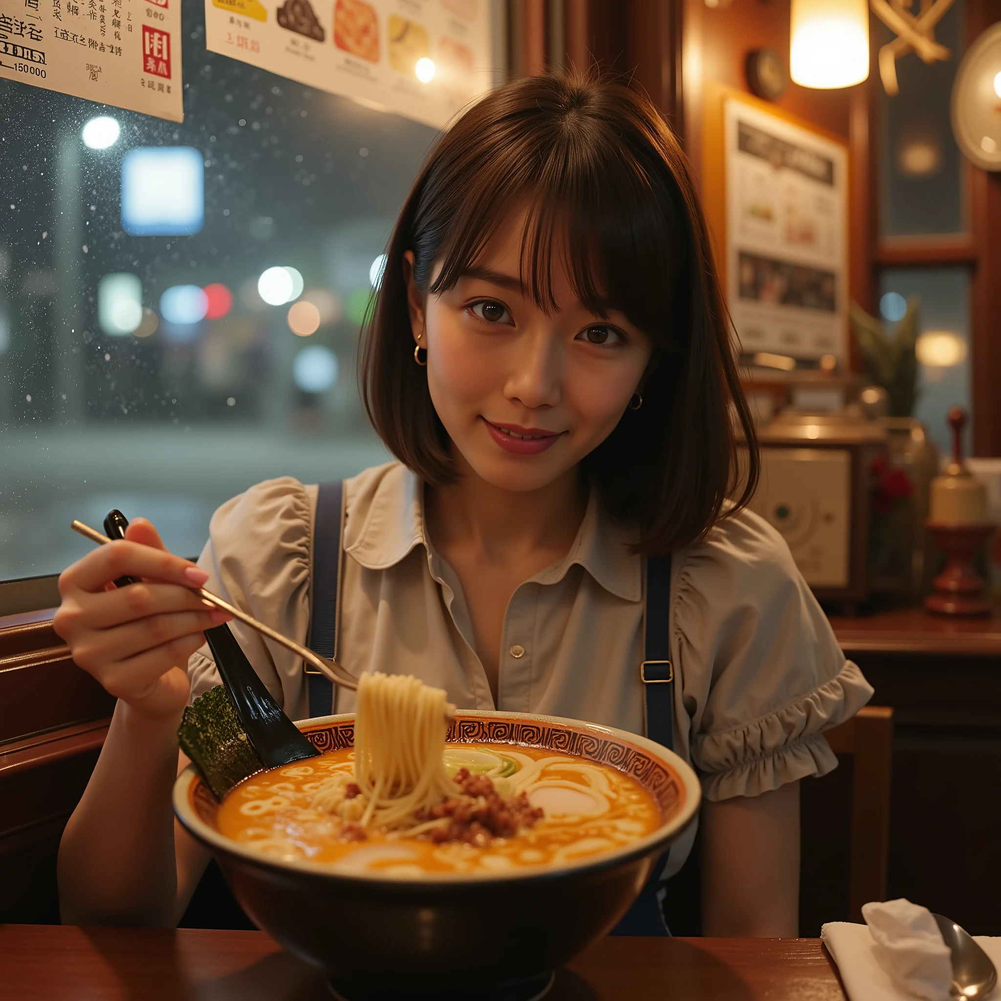 super real , photorealistic, dramatic scenes around , Ultra Clear Focus, global illumination , Alone, 1 girl\( famous young Japanese female idol , A very cute and delicate Japanese woman , detailed facial skin texture , She's wearing a maid , dark navy tights , are suffering , tight waist, big smile, Frame Boss\), ((She values big, nice ramen bowls)) , with a smile, I can see a simple ramen shop counter in the middle of the night , It's an old ramen shop, but 、、 is decorated with stylish furniture , It's night and it's snowing outside , I can see the window , smile, and she looks happy ,