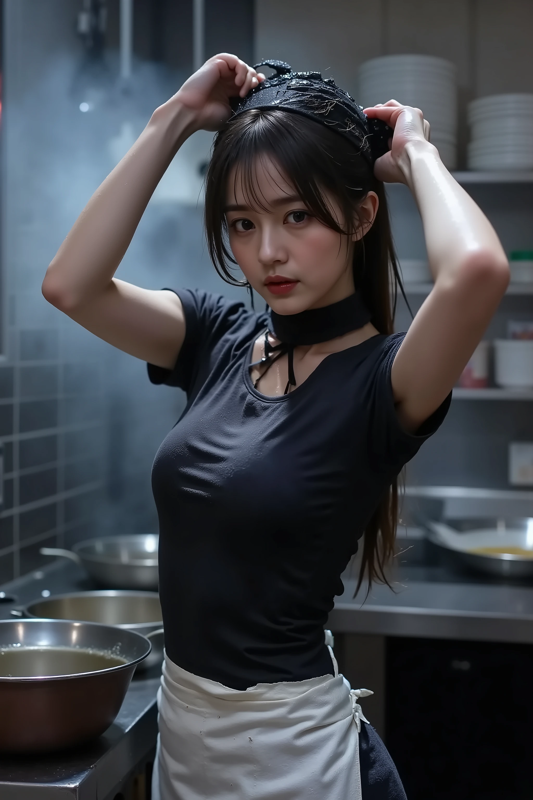 A realistic editorial-style photo inside the kitchen of a small Japanese ramen shop at midnight. A woman in her late twenties stands near a stainless steel counter, tying her long black hair into a low ponytail with slow, deliberate hands. Her movements are heavy with fatigue, yet there’s a quiet sensuality in the way her fingers linger at the nape of her neck.
Her black T-shirt is soaked through, clinging tightly to her back and chest, the damp fabric outlining the curve of her shoulder blades and the swell of her breasts. The neckline has slipped off one shoulder, exposing flushed skin glistening with sweat. The cotton has darkened in patches, sticking to her torso in uneven folds, revealing the tension of her muscles beneath. Her white apron is loosely tied, the knot askew, and the fabric has twisted at her waist, revealing a glimpse of her hip and the waistband of her underlayer.
The black towel wrapped around her head has slipped back, revealing damp strands that fall freely across her face and neck. Her makeup is softened by heat and time—smudged eyeliner, a faint blush deepened by exertion, and muted rose lipstick that appears worn and uneven. Her gaze is lowered, half-lidded, but not unaware—there’s a quiet pull in her expression, as if she senses the camera’s presence and chooses not to resist it.
Steam rises from nearby pots, curling around her like breath—thick, slow, and enveloping. The flash photography captures the moisture along her throat, collarbone, and the hollow of her back, creating sharp highlights and deep shadows that sculpt her figure with cinematic intensity. Her posture is slightly off-balance, one hip tilted, shoulders slack, her stance open but unguarded.
The background includes tiled walls, hanging ladles, stacked bowls, and a foggy window bleeding faint neon reflections—violet and crimson hues that shimmer like distant memories. The atmosphere is hushed, cinematic, and erotically charged—not overtly provocative.
