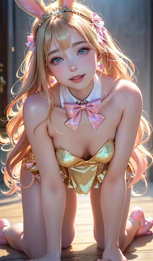 masterpiece, best quality, extremely detailed CG unity 8k wallpaper, (Upper Body head close-up shot of a beautiful little girl), , Elegant Long straight blonde hair, (Mckenna Grace), (flat ?????,thighs), (pink-Cyan) golden (Glittering tutu,long Bunny Ear Headgear, , Bow-tie, No panties, ???????? visible), (???????????), (Blush), oil skin, (seductive smile), (Wonderland), pretty face, key art, award winning, intricate detail realism hdr, by (ruan jia and artgerm and range murata), Photorealism, Hyperrealism, ultra realistic, dramatic light, intense shadows, gorgeous view, depth of field
 
