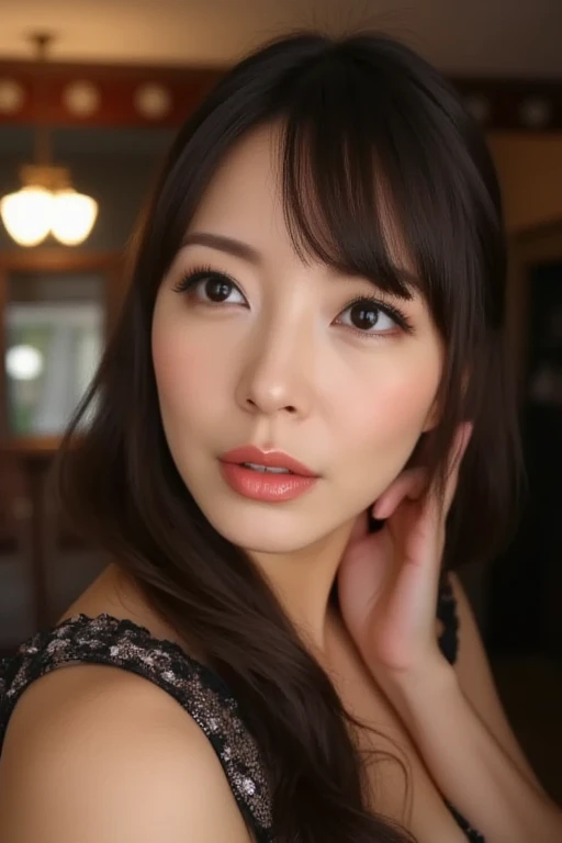 Beautiful Japanese actresses,1 girl,flying debris,,Award-winning photo, Very detailed, Keep your eyes focused, Nose and mouth,Face Focus, Extreme close up of face、 Age 35,Black Hair、Symmetrical face,Realistic nostrils、Angle from below、Elongated C-shaped nostrils ,(Sharp Nose)Sweaty skin、Shiny skin,(Brow wrinkles))（ on tongue)、、((Thin eyebrows))Oily skin、Glowing Skin、double eyelid、、Beautiful woman、Medium Hair,Wide-eyed、Shortcuts、Summer cityscape、Off the shoulder、Ska can see the sky、Shibuya Center Street、