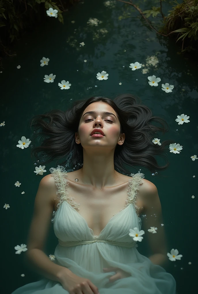 black and white closeup photo RAW, an ethereal scene with a 28 yr old woman in white dress submerged in water, surrounded by floating flowers, blurring the lines between reality and fantasy. closed eyes

