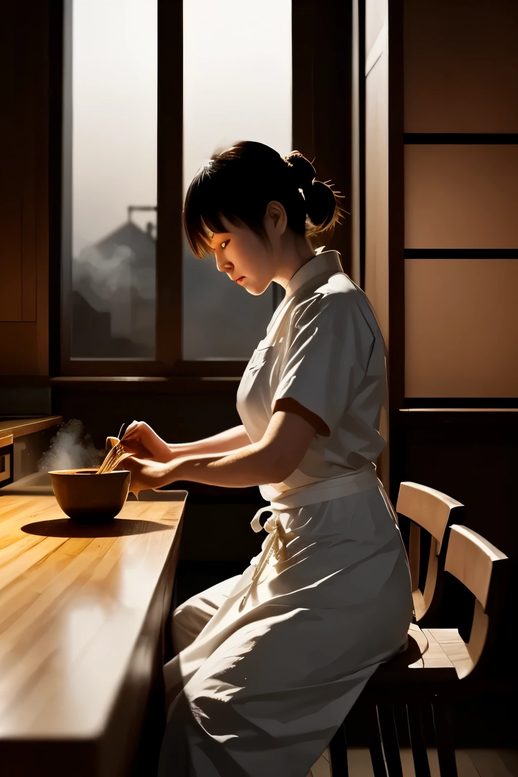 Late-night ramen shop, detailed interior scene, cozy atmosphere, warm lighting, steam rising from bowls, chef preparing noodles, customers sitting at bar, wooden countertops,japanese lanterns,red curtains,hanging scrolls,cityscape outside window,4K,masterpiece,photorealistic,ultra-detailed,vibrant colors,bokeh,japanese style,moody lighting