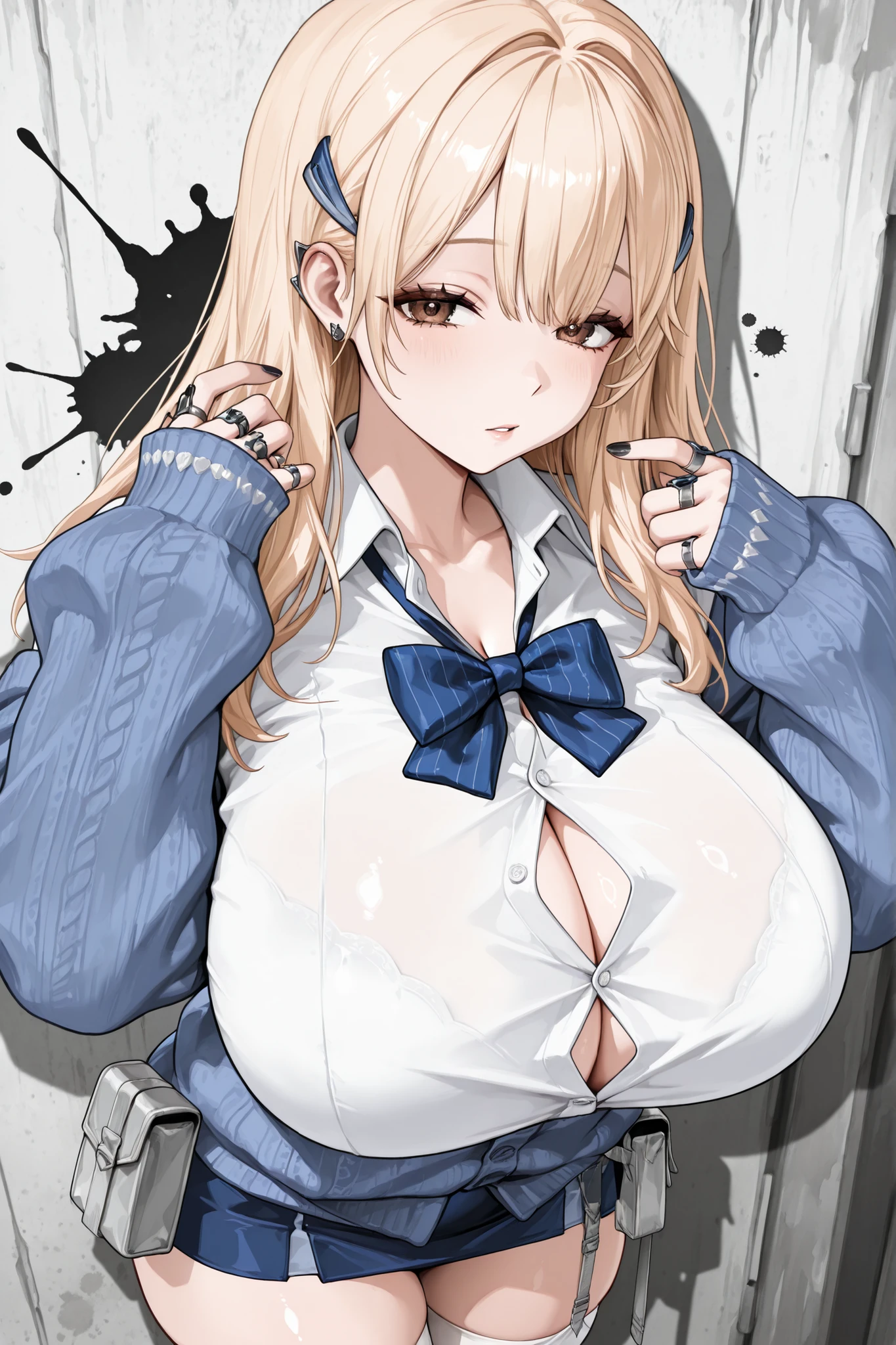 tiadef, brown eyes, blonde hair, long hair, hair ornament, ear piercing, huge breasts, white shirt, cleavage, button gap, blue bowtie, blue cardigan, sleeves past wrists, blue skirt, multiple rings, black nails, white thighhighs, hip pouch,,monochromemuse, monochrome, greyscale, ink splatter,masterpiece, best quality, detailed, highly detailed, ultra detailed, extremely detailed CG, high resolution, 8K, unreal engine, unity 8k wallpaper,super detailed skin, detailed beautiful eyes, detailed beautiful face, highly detailed background, elaborately designed clothes,close up face