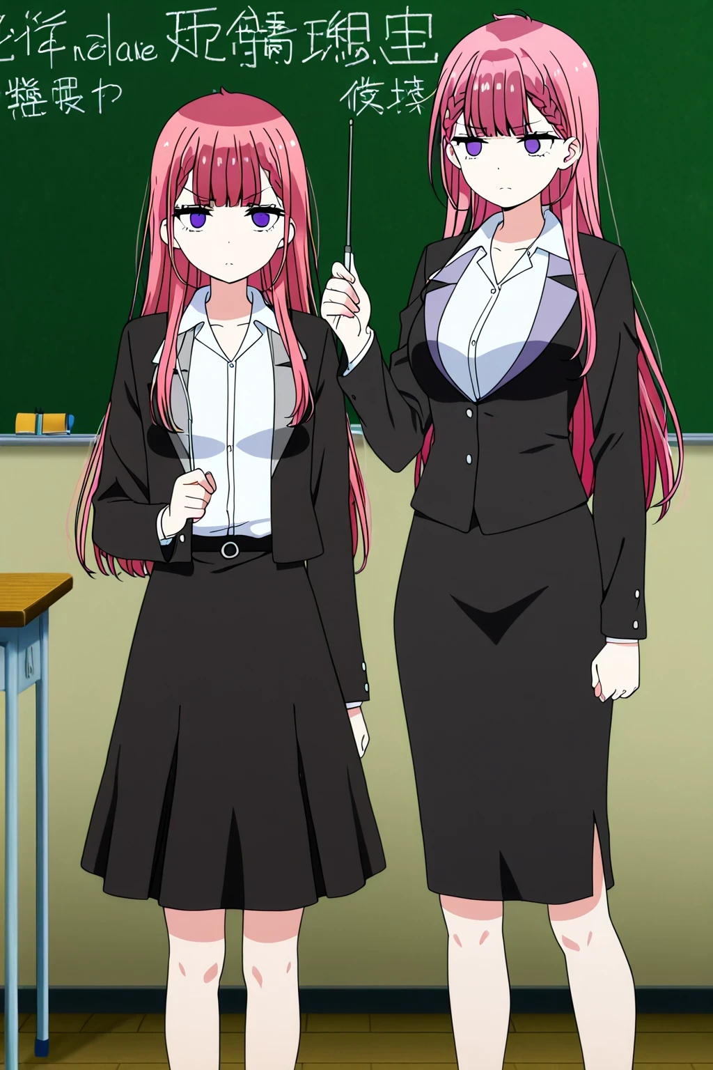 An anime screenshot, ultra-detailed, incredibly delicate, and unbelievably high-resolution. A full-body shot of Mafuyu Kirisu, the serious and emotionally reserved teacher, standing at the chalkboard in a classroom, brandishing a pointer. Her coldness intimidates, yet her gaze is captivating.