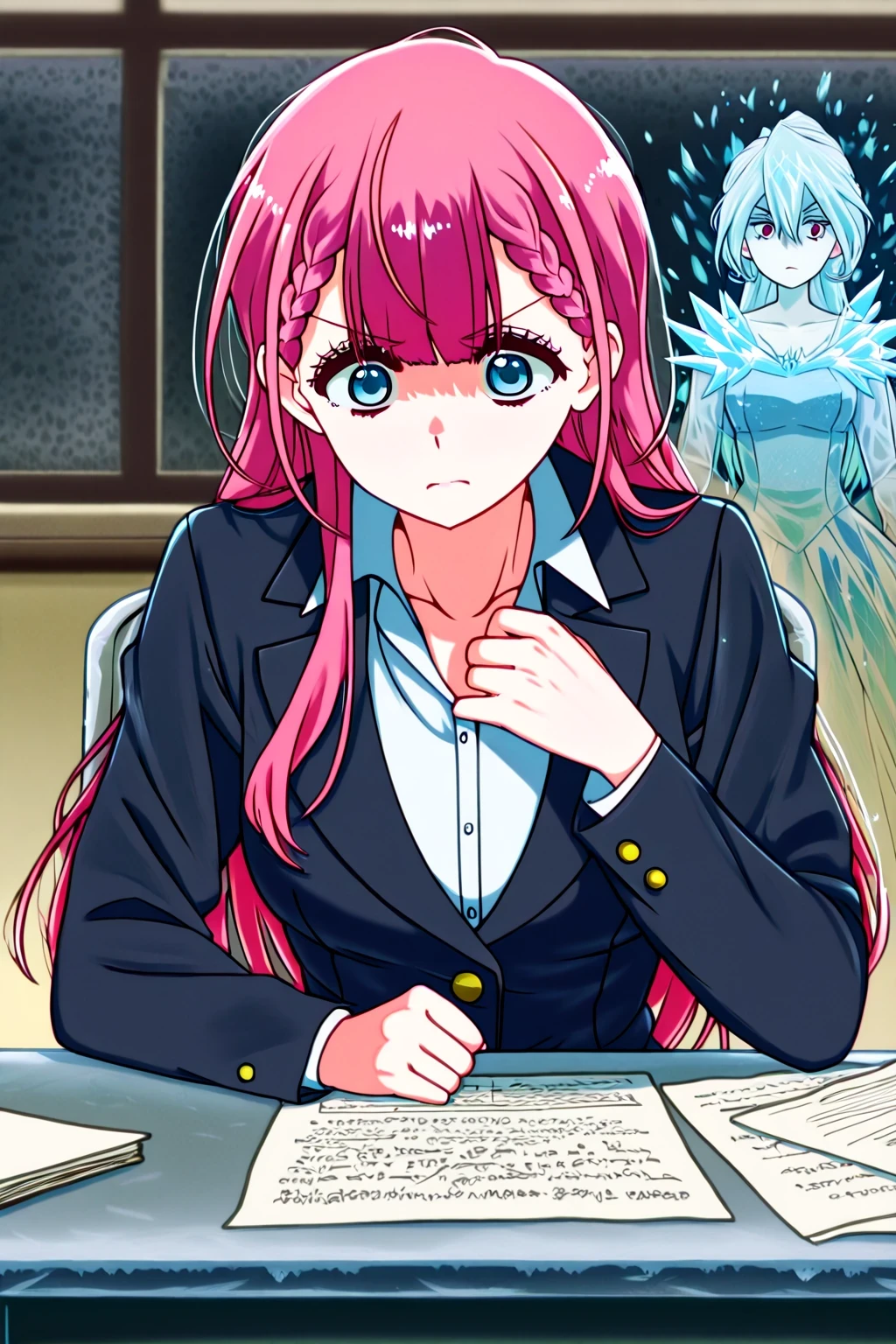 In a frozen, sterile teachers' lounge, Kirisu Mafuyu, a stern, hyper-serious anime teacher, meticulously grades exam papers at her metal desk. Her full-body portrayal captures her exquisite beauty, a frigid aura captivating all, as light from a bland window reflects in her unreadable gaze.