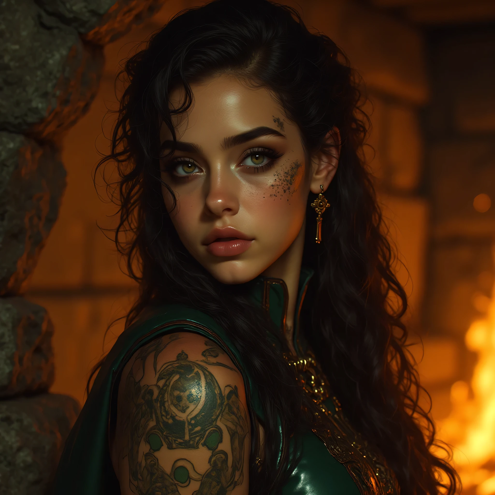 Close-up cinematic portrait of Anna Valerius, same woman and outfit, victorious pose inside a stone and fire-lit lair. Ash on her skin, curls glowing with firelight. Perfectly detailed eyes — bright green iris, sharp pupils, lifelike reflections. Strong, confident, and seductive expression. Cinematic lighting, fantasy epic realism, ultra HD, natural skin texture, sharp facial detail, shallow depth of field, intense atmosphere.