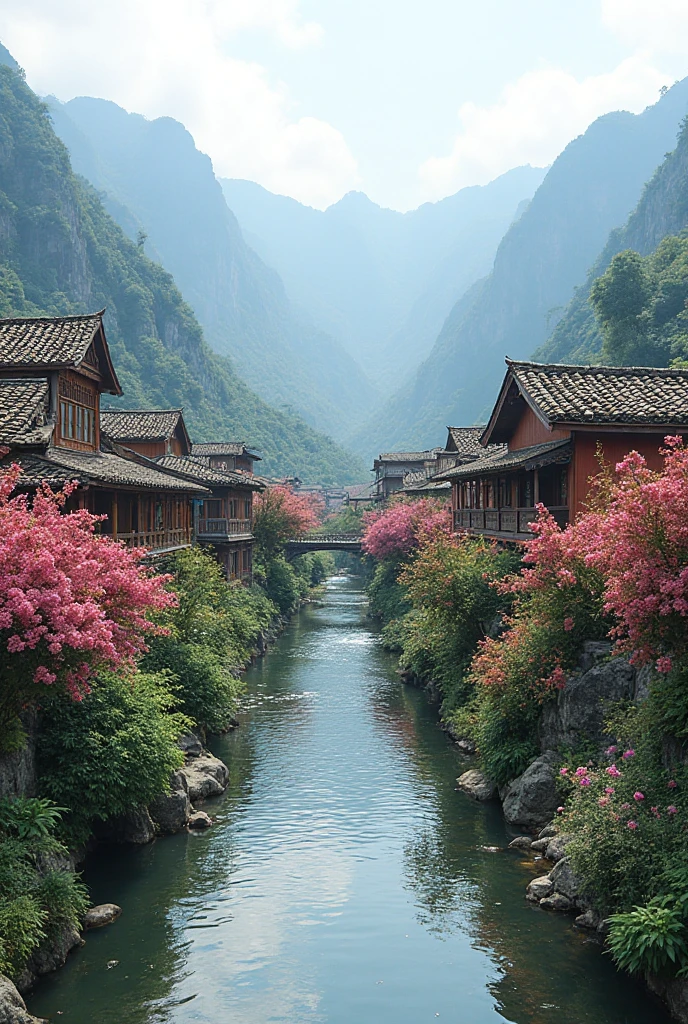 A small village next to the river, mountains in the background - SeaArt AI