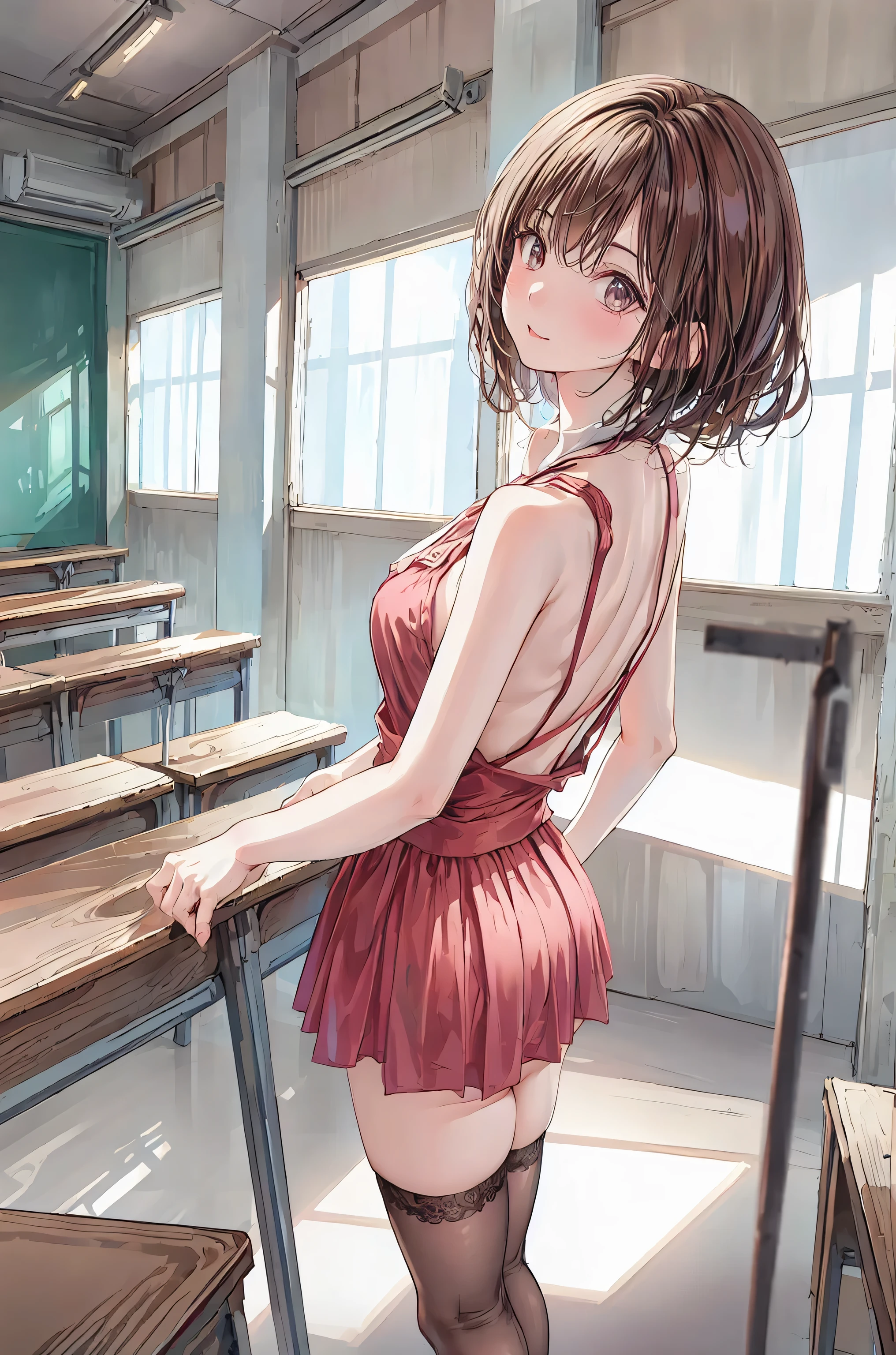 High Quality,8K,Realistic,physical based rendering,professional,beautiful color,Bokeh,Classroom Interior ,ascetic, Female Teacher,Strict,Standing at the pulpit,Student's back,Textbook in hand,attractive legs,black stockings,Cold look,test student,brown hair