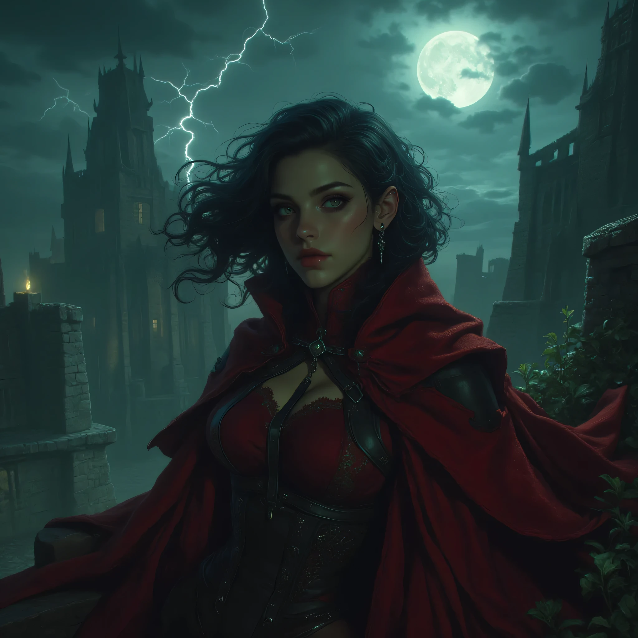 Anna Valerius, same woman and appearance, standing on a tall stone balcony of an ancient castle under a full moon. Her red cape flutters in the storm wind, lightning flashes behind her. Leather corset gleams, dark curls illuminated by moonlight. Beautiful face with perfect green eyes — defined iris and pupils, lifelike gaze and reflection. Epic fantasy cinematic scene, dramatic lighting, sharp focus, realistic textures, ultra-detailed atmosphere, heroic composition.