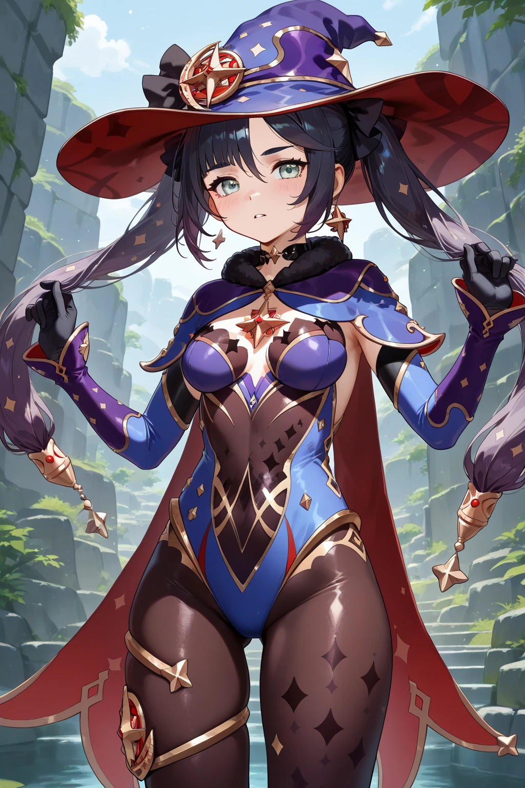 masterpiece, best quality, very aesthetic, absurdres, 1girl, mature_lady,,1girl, mona \(genshin impact\), genshin impact, twintails, long hair, , hat, witch hat, black hair, leotard, pantyhose, gloves, green eyes,in the canyon,fog,dark,floating droplets of water,from behind