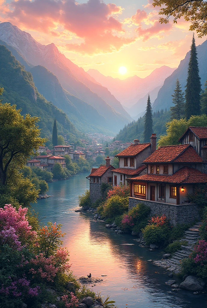 A small town by the river, mountains in the background, flores florales coloridas, detailed landscape style, beautiful natural landscapes, atmospheric lighting, scorching sunset, warm colors, practical, photographic woman, detailed foliage, complex buildings, cobblestone street, charming country house, vibrant colors, lush vegetation, reflections in water,  picturesque, idyllic, Artwork, best quality, 8K, extremely detailed, anime style