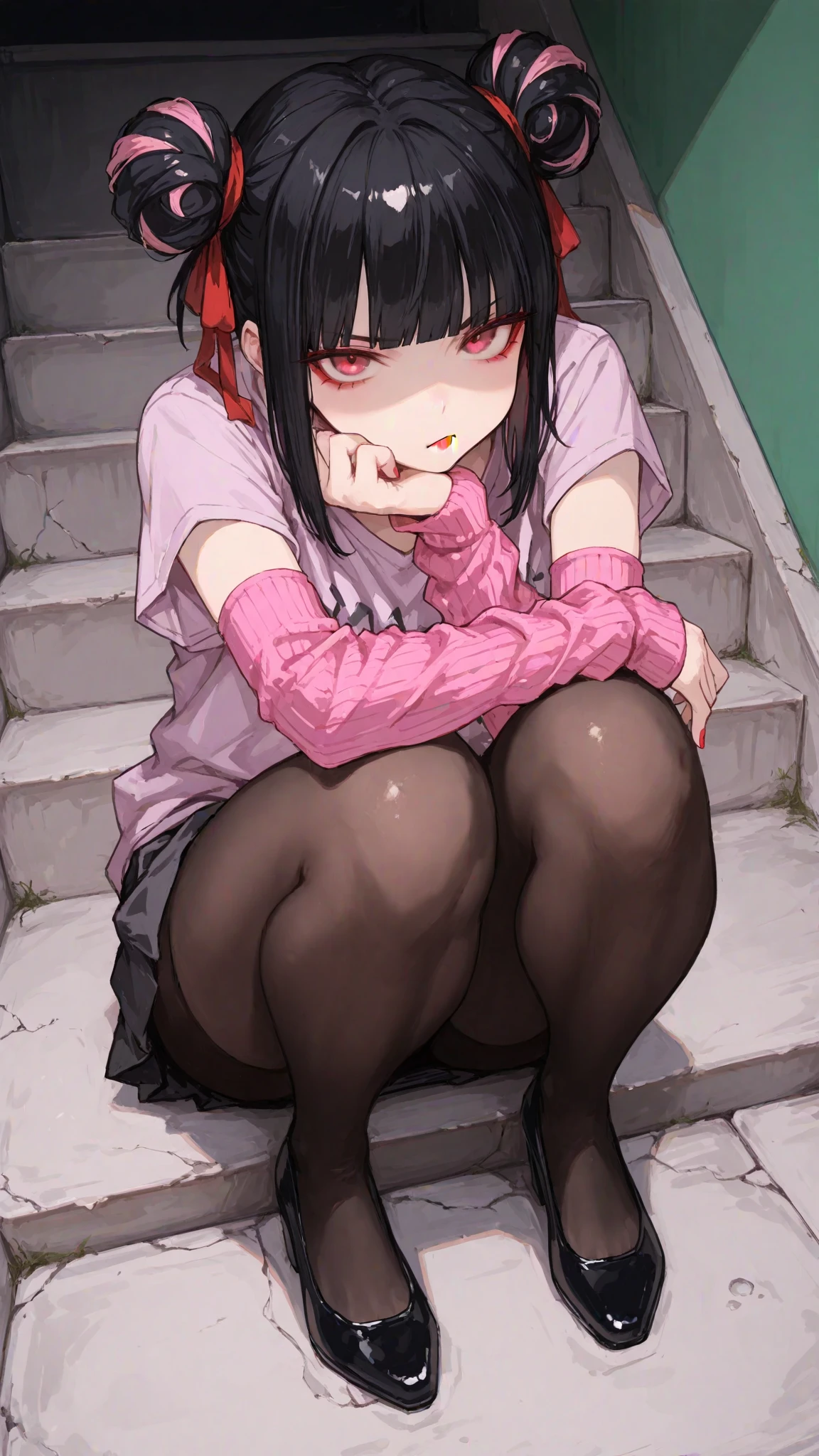 Black Hair、Embarrassed、Blushing、学校のstage、Red ribbon、、stage