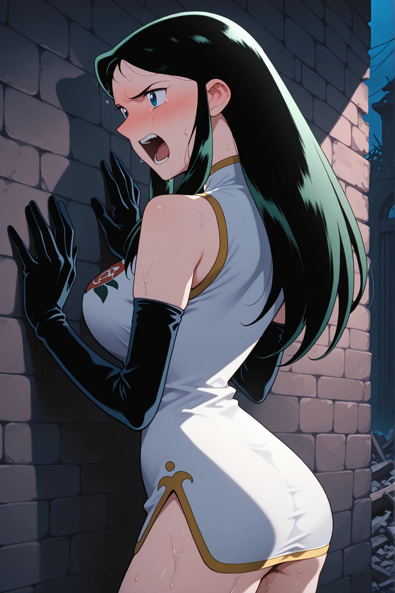 long hair,, Silver Bells , 1girl, solo, Black Elbow Gloves, long hair, , dark green hair,, cowboy shot, blue eyes, , white china dress, Around town, sleeveless, Bare Shoulders, ,mini dress ,big boobs, sidemap, look back, Brick Wall,night,Ruinsの路地裏, masterpiece,最High Quality, , High Quality, Good quality、Very Aesthetic,very high resolution,walk,Ruins,no lighting,drunk,open your eyes a little bit and,sexをする,show me my butt,Insert your cock from behind,when I'm wet,Place your hands on the wall,Screaming,open your mouth wide,sex,風面男とsex,foul,スカートを上げてshow me my butt,I'm not wearing anything on my lower body, Sad brow
