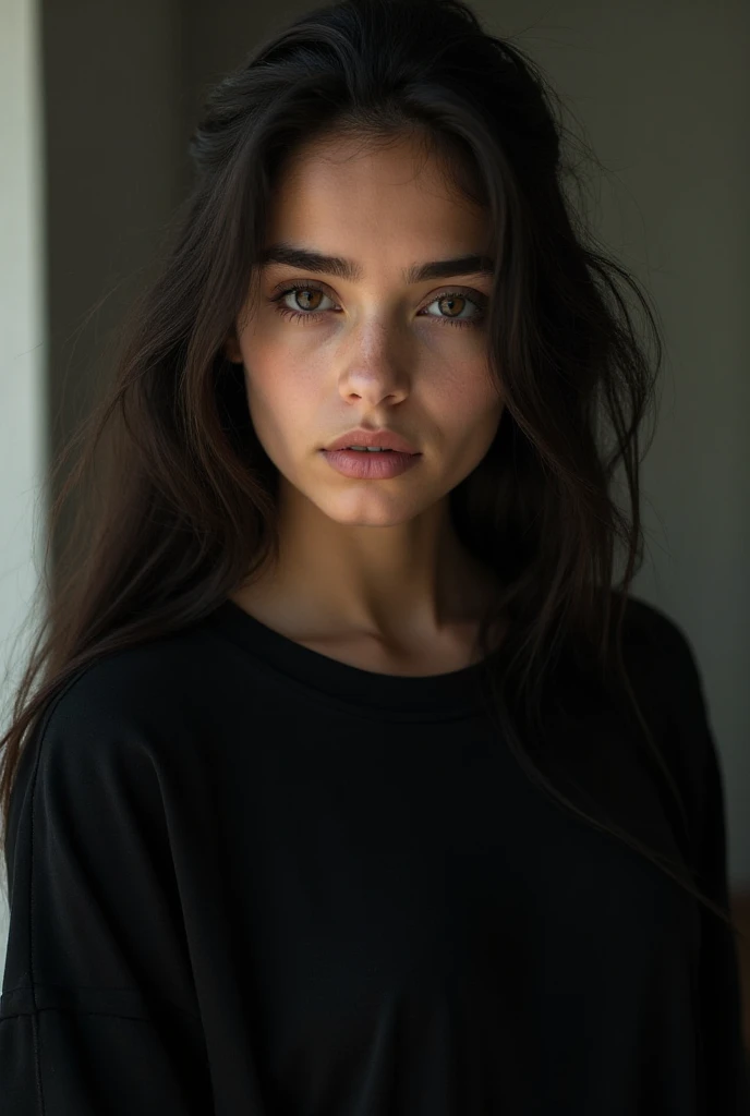 Woman looking down and crying,Highest quality,Beautiful Skin,long hair,２０A woman in her twenties,Alone in the room,Black T-shirt