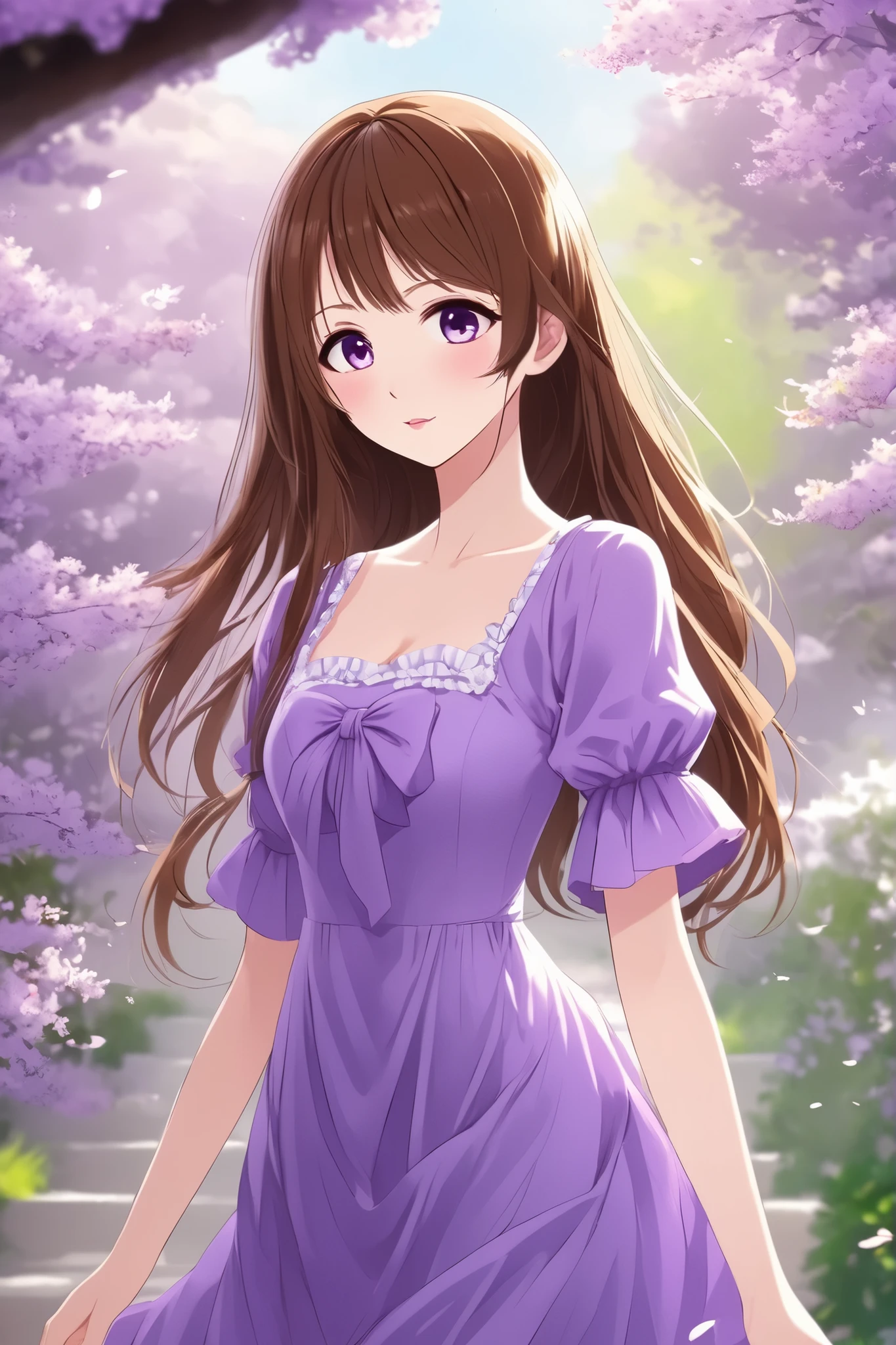 A girl, Anime, has long and straight brown hair, gray eyes, calm features, white skin, wearing lip gloss, perfect, attractive, wearing a dress with purple sleeves, a masterpiece, bright colors, high quality resolution .