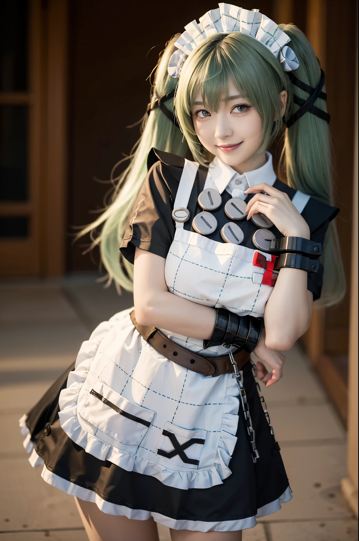 1girl, solo, Japanese beautiful girl, looking at viewer, (evil smile:1.3),
moderate waist, (huge breasts:1.25), full hips,
(Best quality, 8k, 32k, Masterpiece, UHD:1.2),
beautiful face, perfect face, highly detailed beautiful face and eyes, attractive face, detailed skin, skin blemish,
BREAK
upper body, standing, active Pose, dynamic angle,
corin cosplay costume,corin,cosplay,long hair, (green hair:1.2),twintails,hair ornament,maid,dress,frilled dress,frills,apron,maid apron,maid headdress,puffy short sleeves,belt,chain,wrist cuffs,cuffs,handcuffs,ribbon,boots,knee boots,